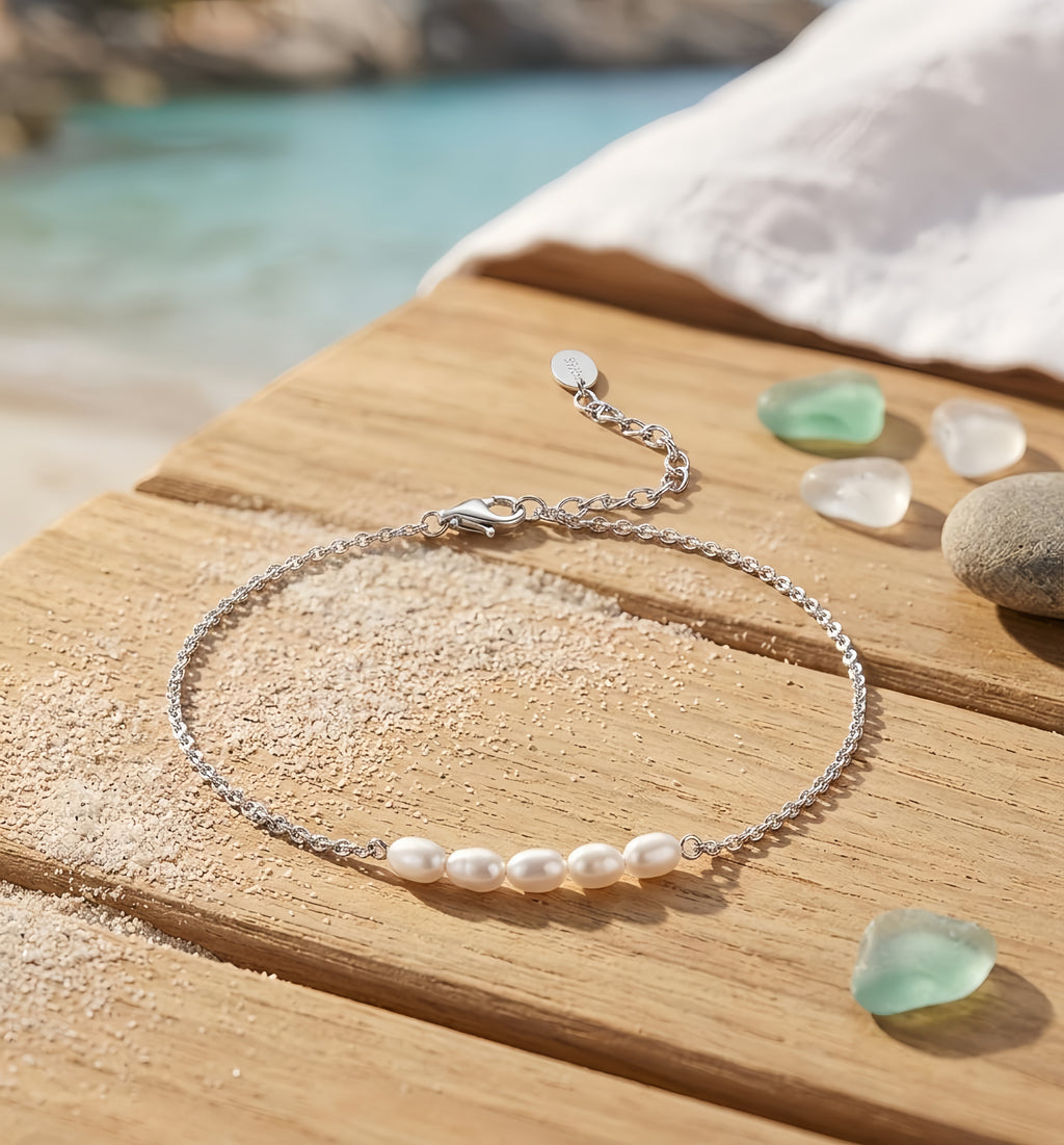 925 Sterling Silver Elegant  Pearl Ankle Bracelet: Classic Simplicity Meets Timeless Elegance