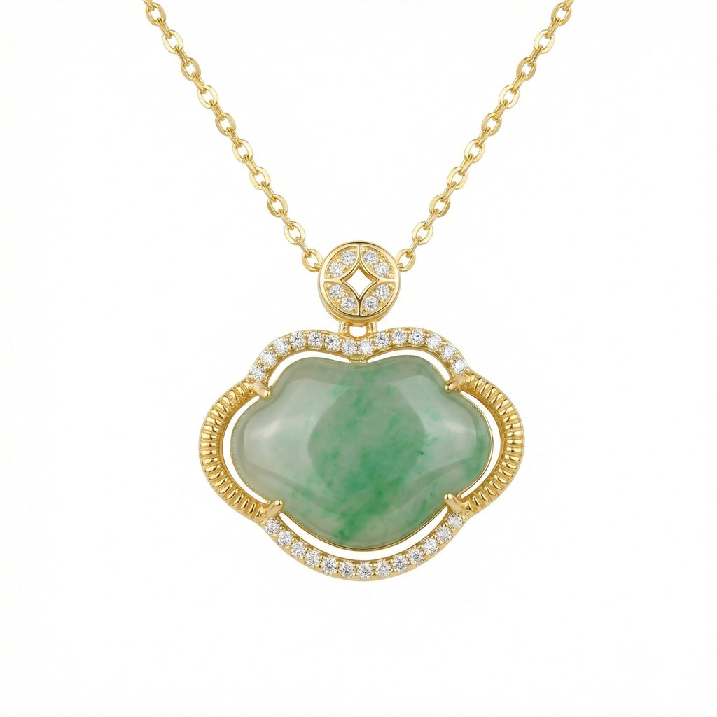 925 Sterling Silver Elegant Jadeite Ruyi Pendant Necklace with Shimmering Gemstone Accents and Polished Chain