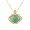 925 Sterling Silver Elegant Jadeite Ruyi Pendant Necklace with Shimmering Gemstone Accents and Polished Chain
