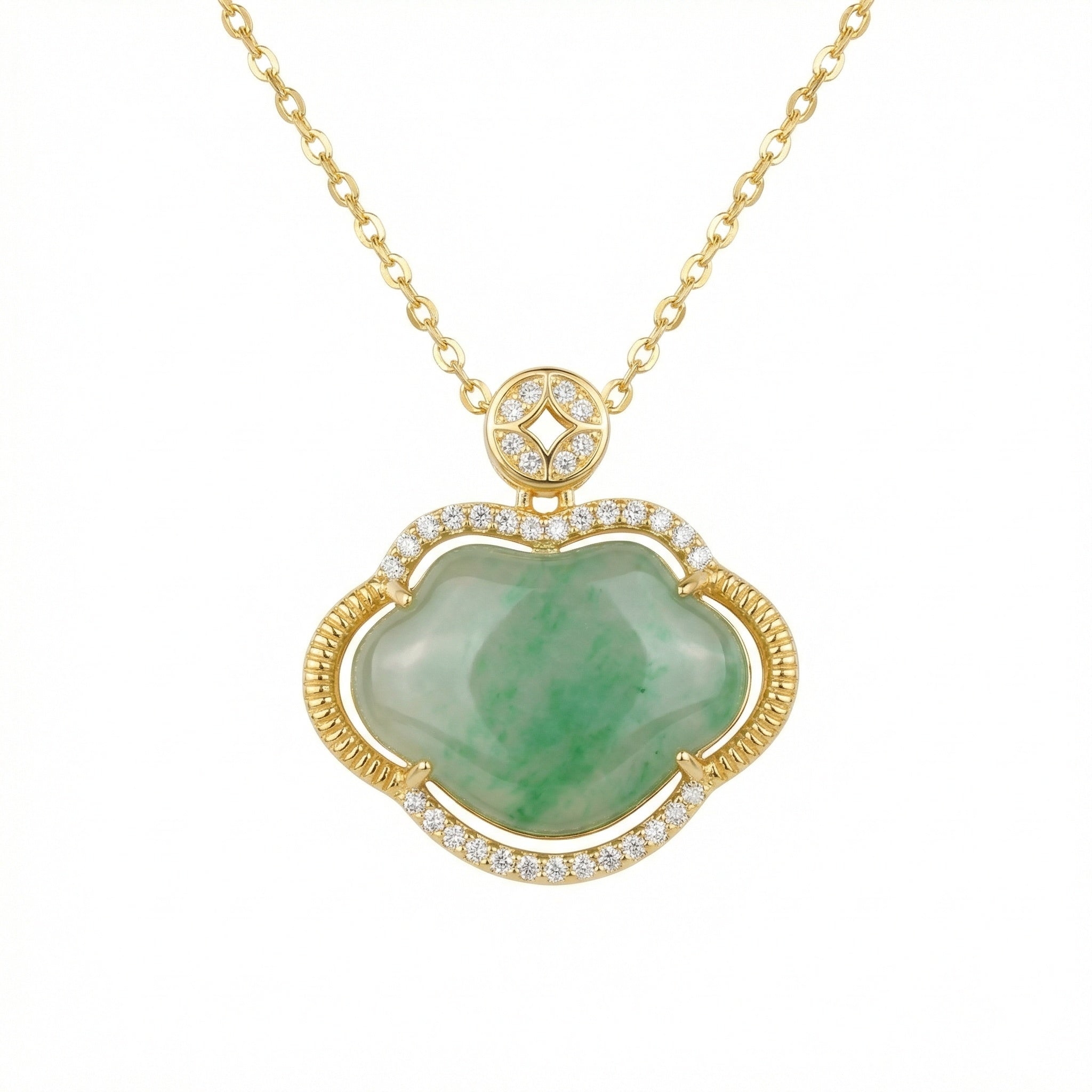 925 Sterling Silver Elegant Jadeite Ruyi Pendant Necklace with Shimmering Gemstone Accents and Polished Chain