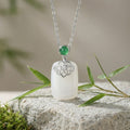 925 Sterling Silver Elegant White Jade and Green Gemstone Filigree Pendant Necklace in Sterling Silver