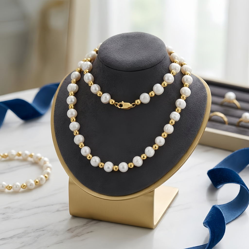 925 Sterling Silver Elegant Freshwater Pearl Necklace with Gilded Metallic Beads and S925 Sterling Silver Clasp
