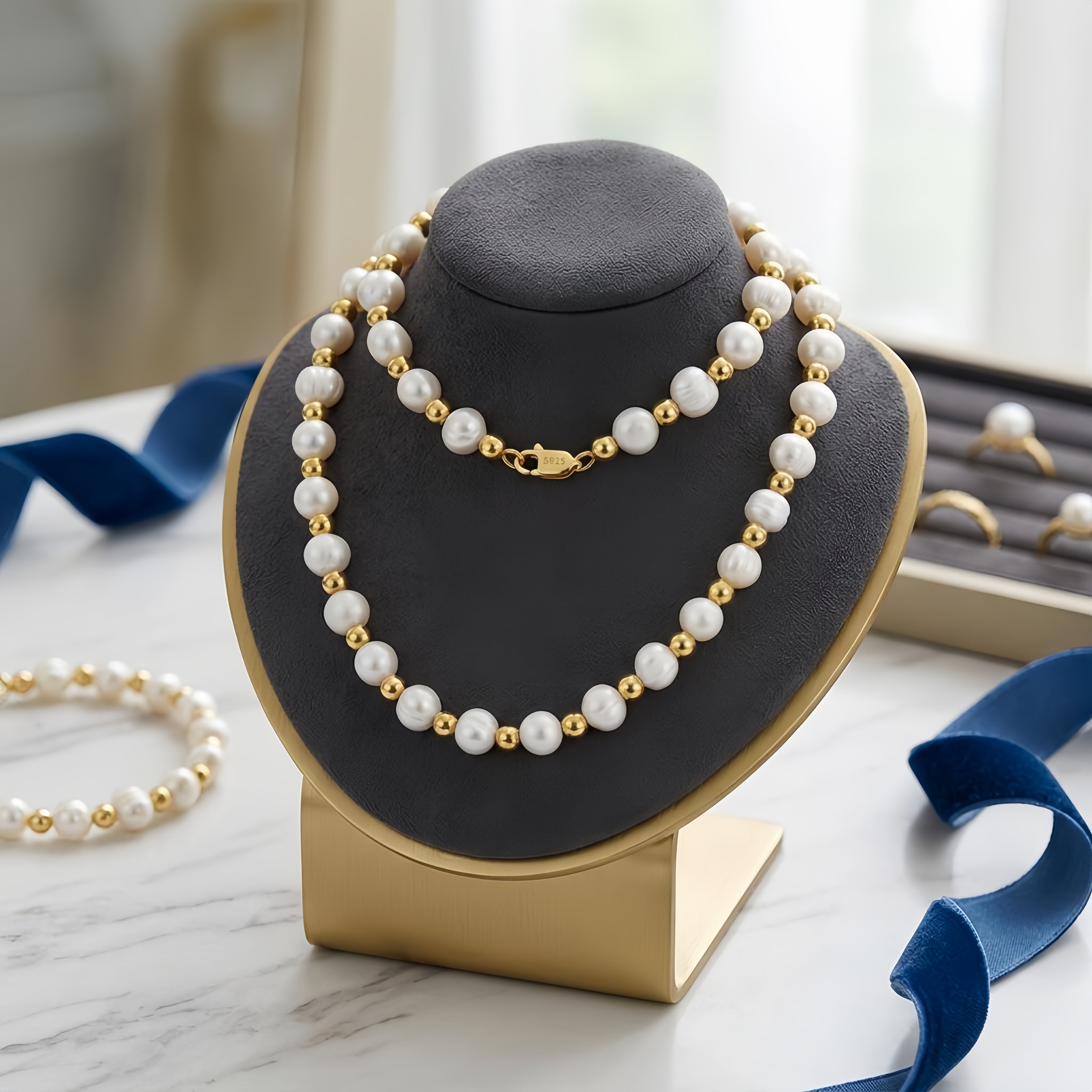 925 Sterling Silver Elegant Freshwater Pearl Necklace with Gilded Metallic Beads and S925 Sterling Silver Clasp