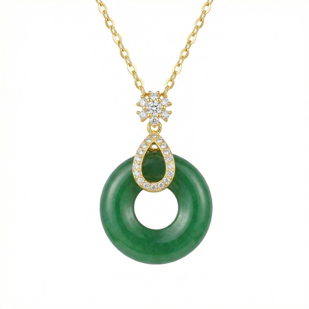 925 Sterling Silver Elegant Green Jade Donut Pendant Necklace with Sparkling Floral Accents