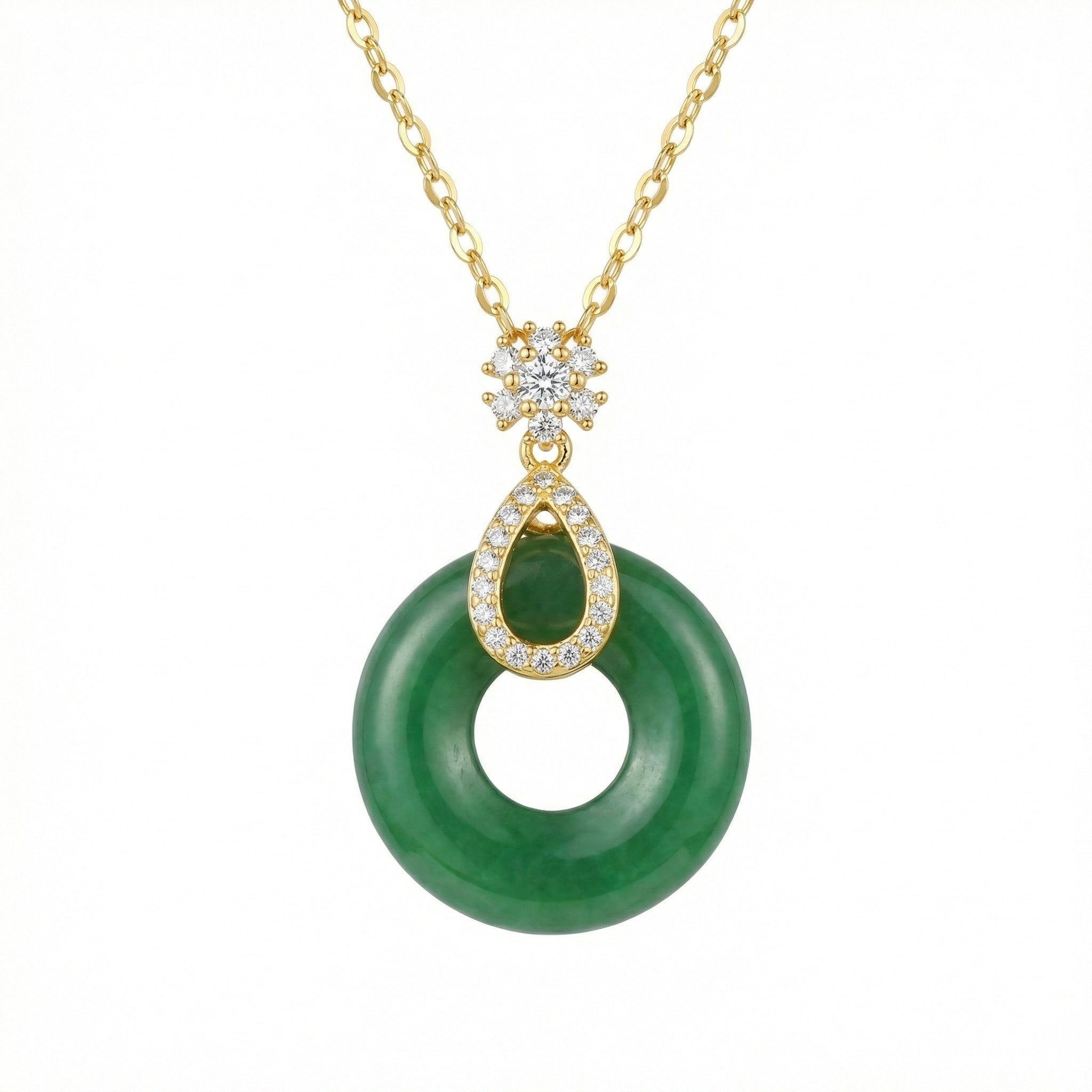 925 Sterling Silver Elegant Green Jade Donut Pendant Necklace with Sparkling Floral Accents