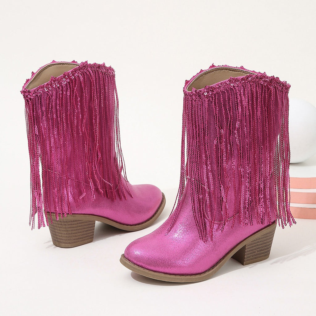 Western-style Runway Chic Chunky-heeled Fringed Ankle Boots
