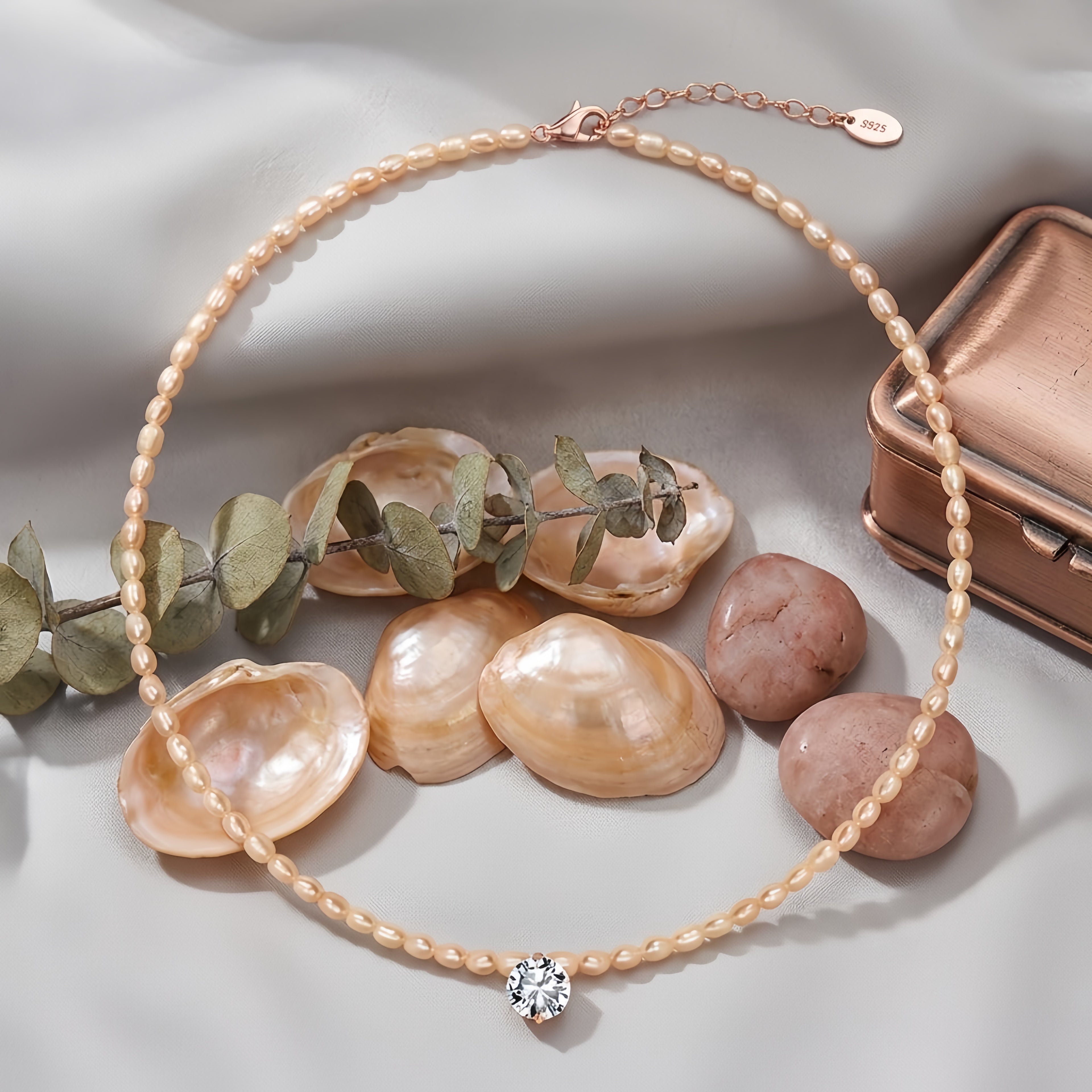 925 Sterling Silver Elegant Rose-Tone Pearl Choker with a Radiant Round-Cut Solitaire Pendant
