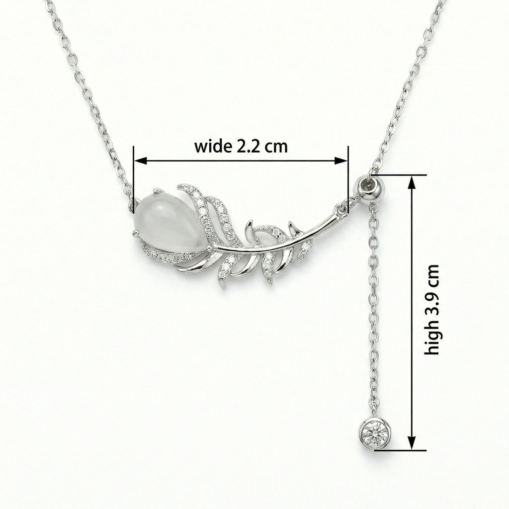 925 Sterling Silver Elegant Sterling Silver Feather Pendant Necklace with Pear Moonstone and Sparkling Accents