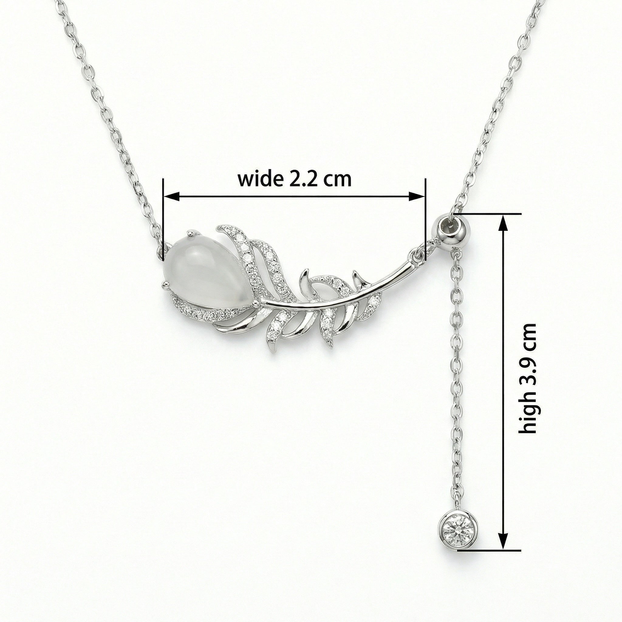 925 Sterling Silver Elegant Sterling Silver Feather Pendant Necklace with Pear Moonstone and Sparkling Accents
