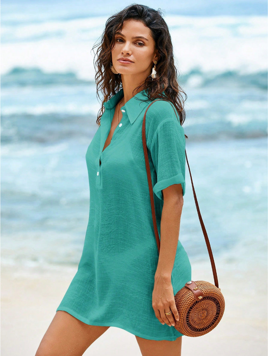 Women's Loose Solid-Color Shirt-Style Casual Dress