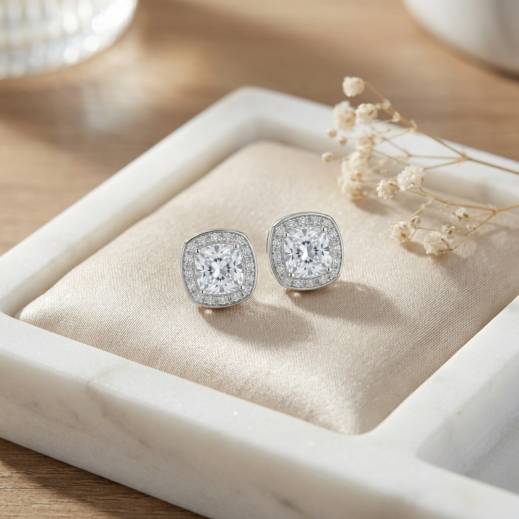 925 Sterling Silver Stunning Cushion-Cut Halo Stud Earrings in Polished White Finish