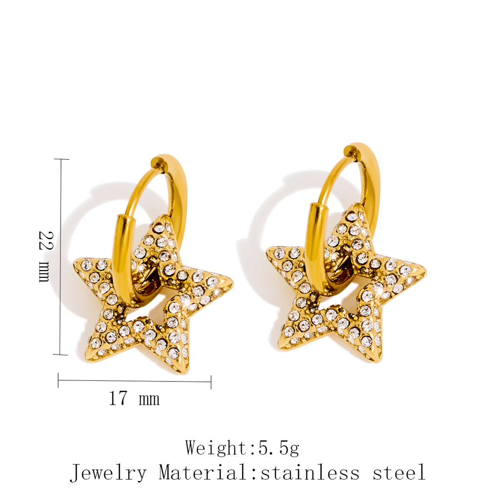 Machine-set Rhinestone Stainless Steel Five-pointed Star Earrings