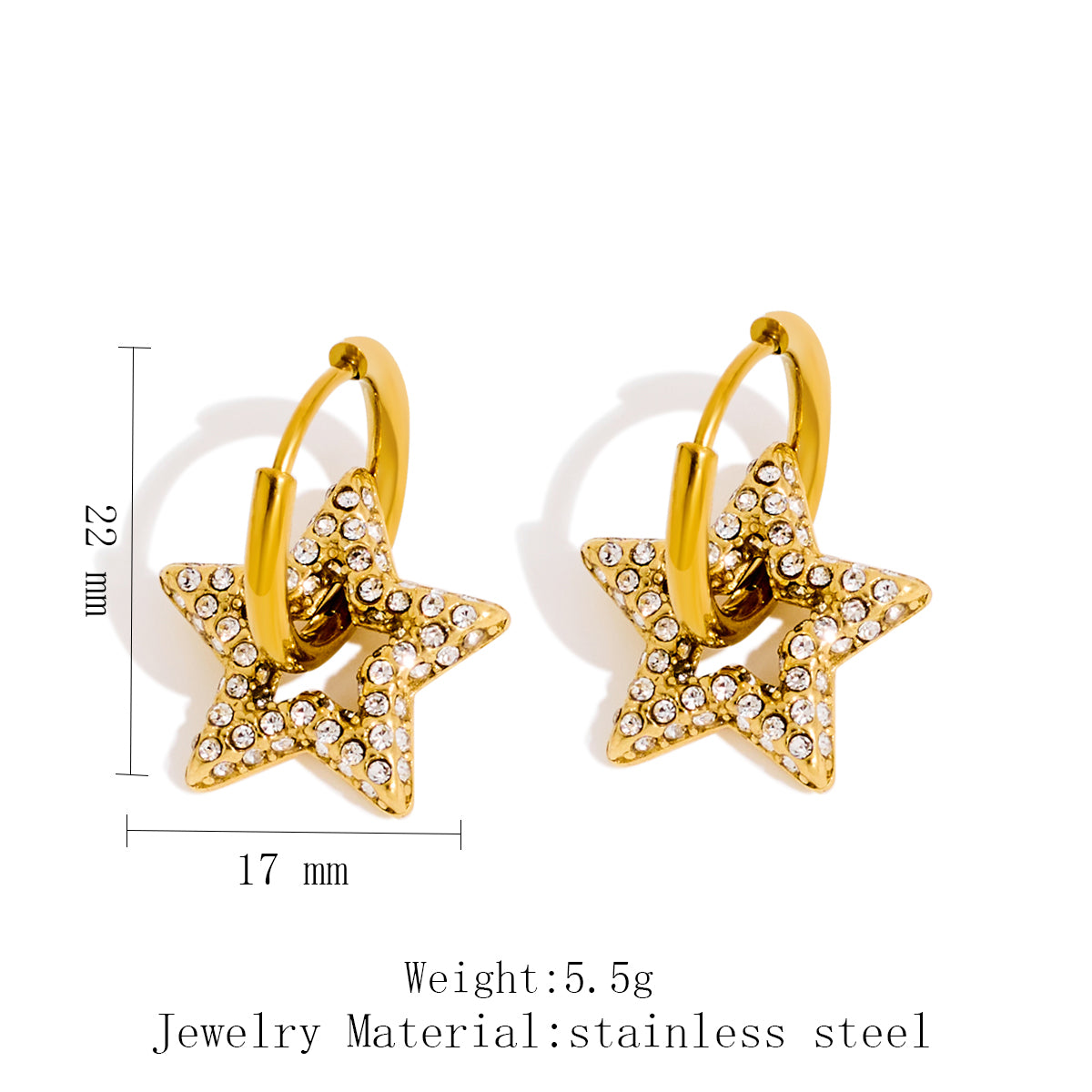 Machine-set Rhinestone Stainless Steel Five-pointed Star Earrings
