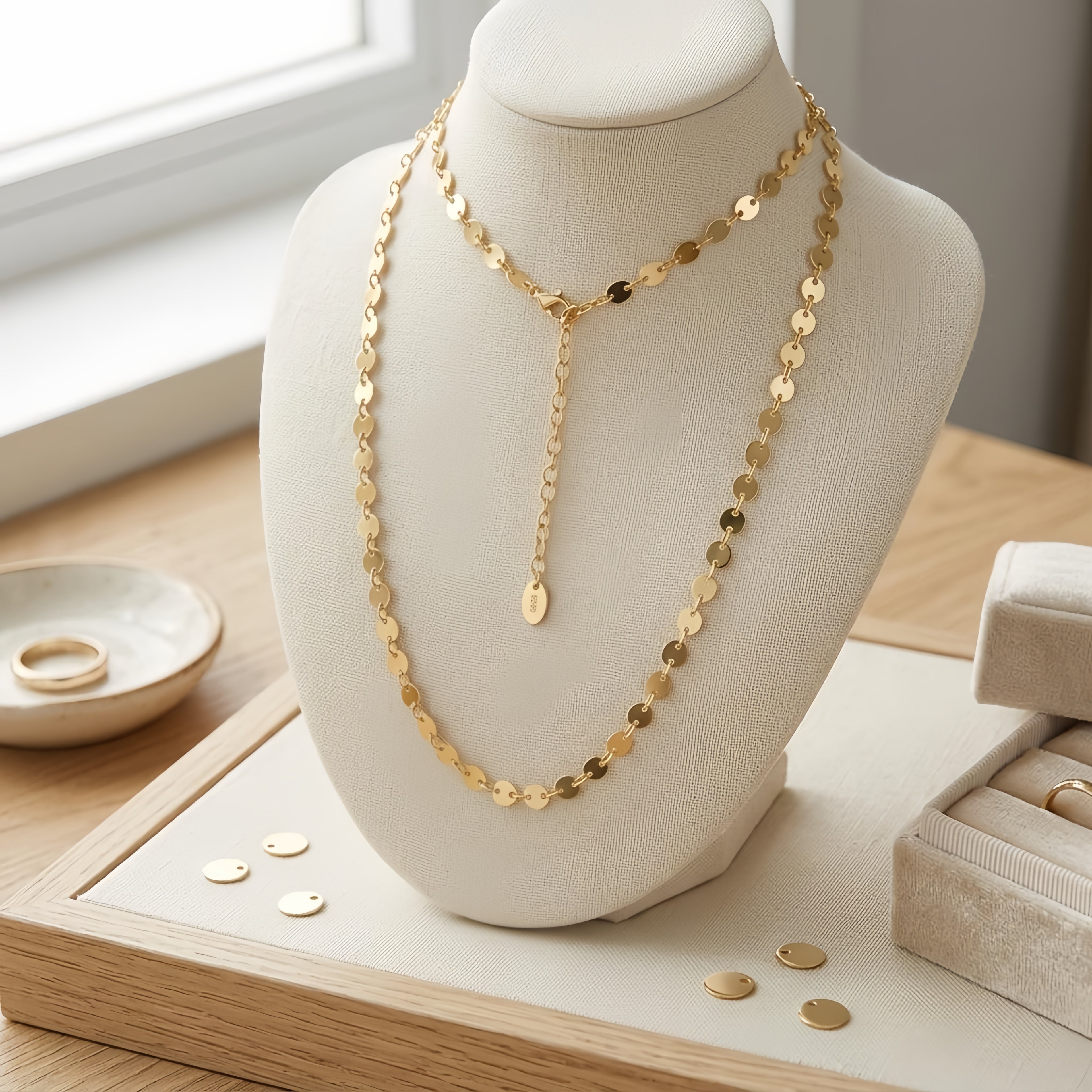 925 Sterling Silver Elegant Gold Disc Chain Necklace with Adjustable Length Pendant Charm