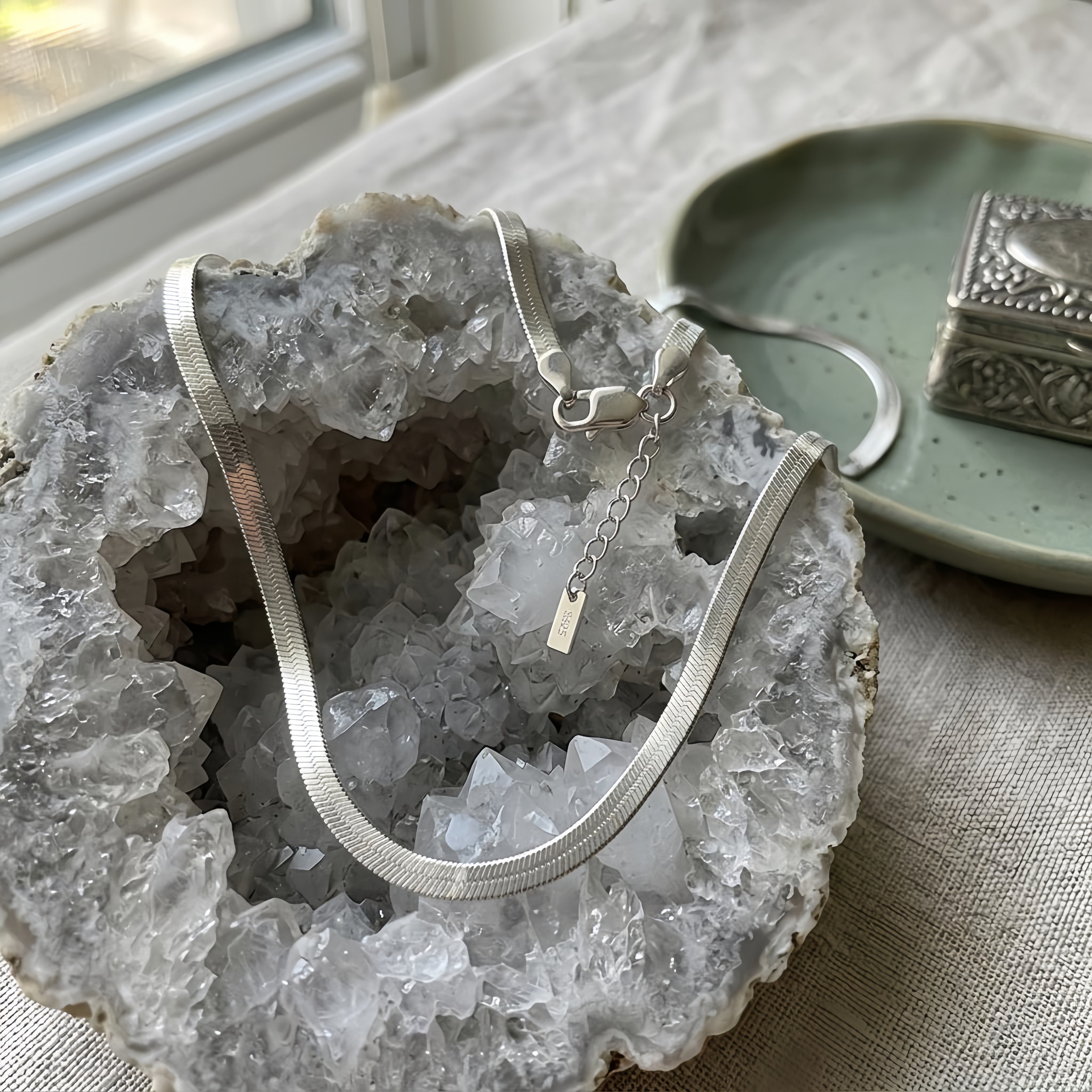 925 Sterling Silver Sterling  Herringbone Chain Necklace with Lobster Clasp and Adjustable Extension