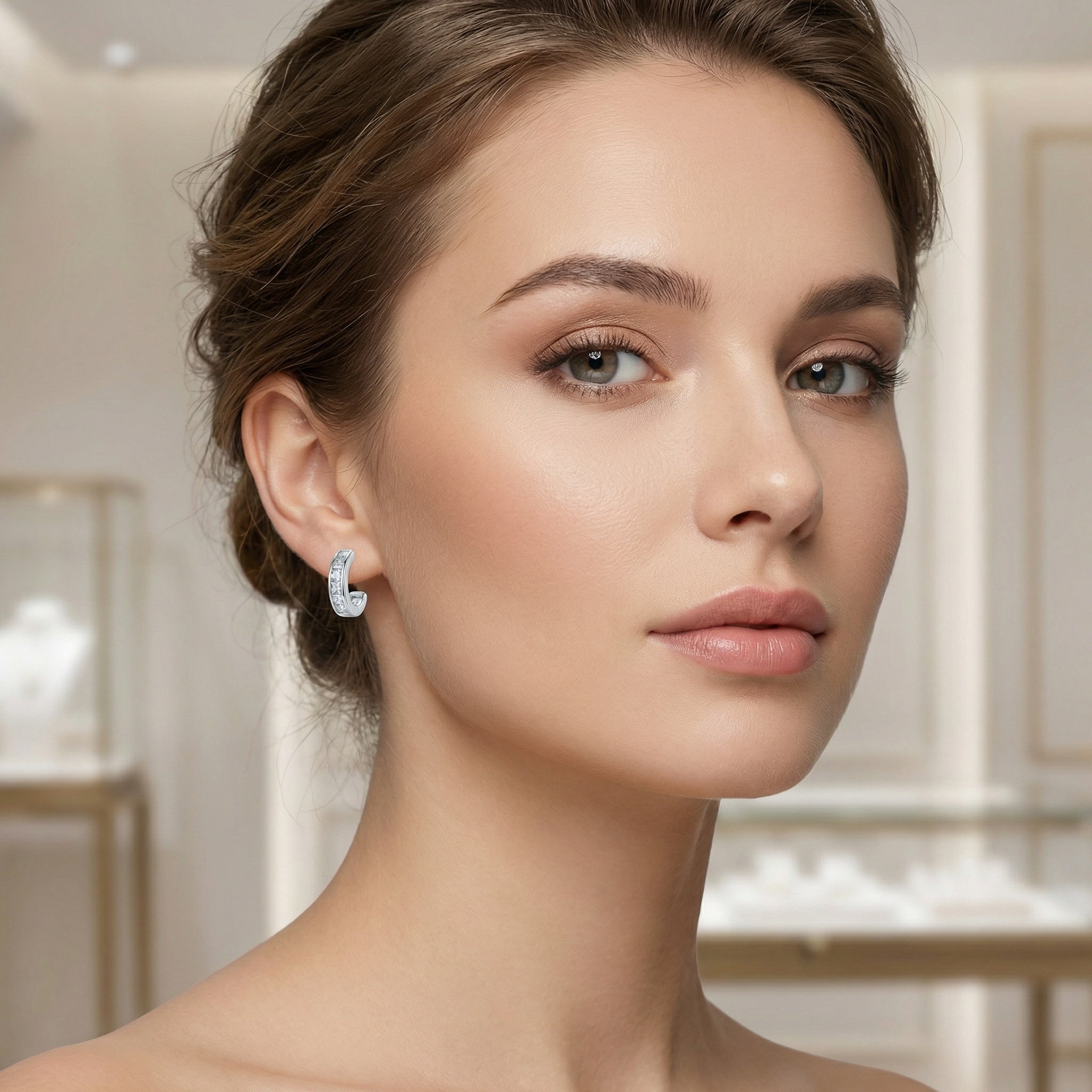 925 Sterling Silver Elegant Sterling Silver Channel-Set Princess-Cut Zirconia Half-Hoop Earrings