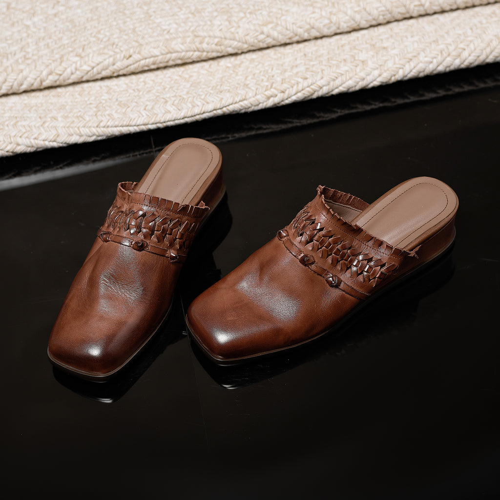 Women's Washed Full-Grain Leather Wedge Mules, Handwoven Cowhide Square Toe Slides