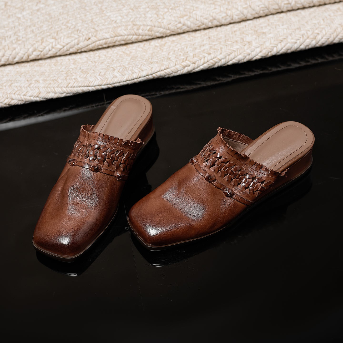 Women's Washed Full-Grain Leather Wedge Mules, Handwoven Cowhide Square Toe Slides