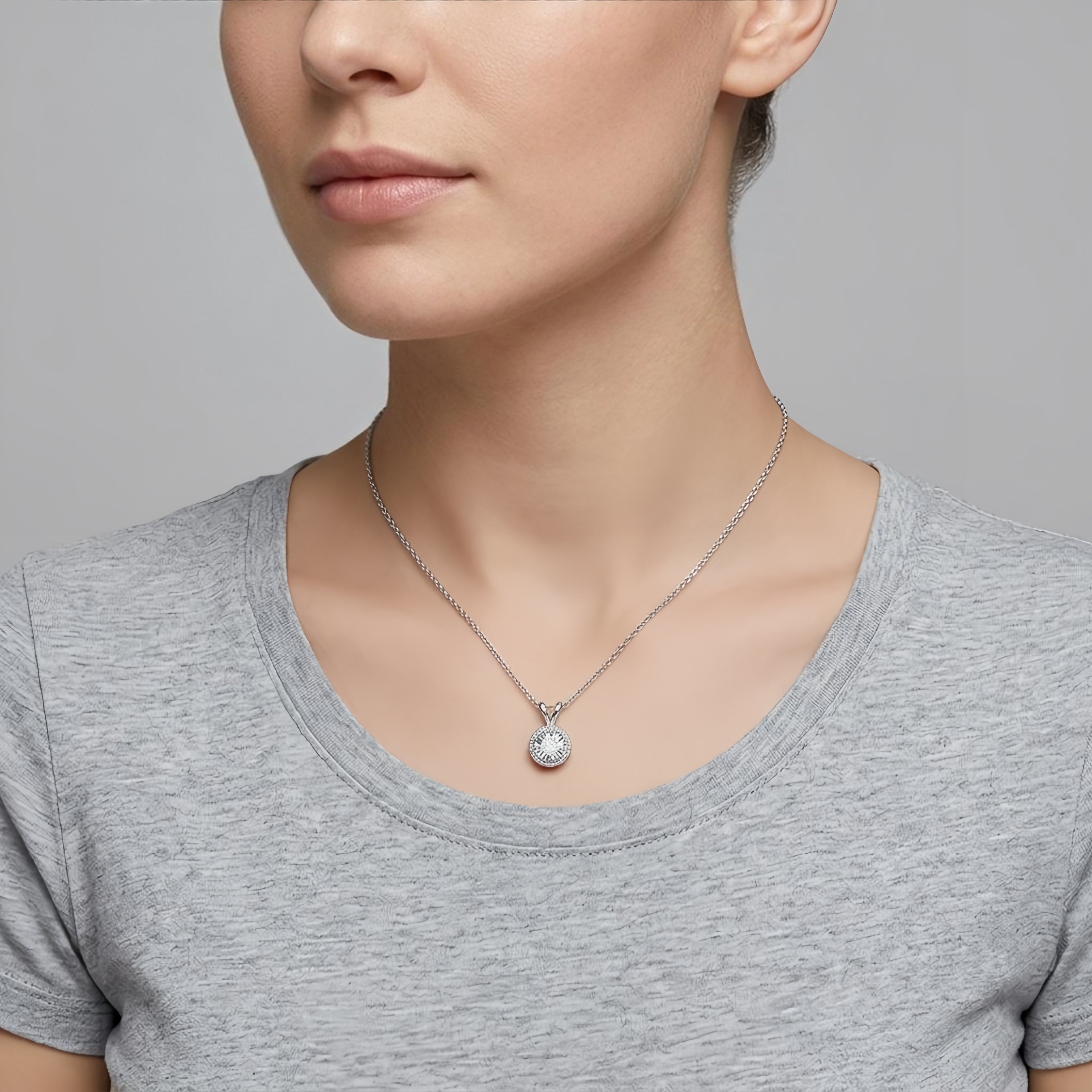 925 Sterling Silver Elegant Solitaire CZ Halo Pendant Necklace in White Gold