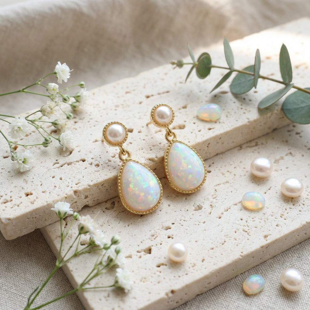 925 Sterling Silver Elegant Pearl and Pear-Shaped Opal Drop Earrings with Intricate Bezel Detailing