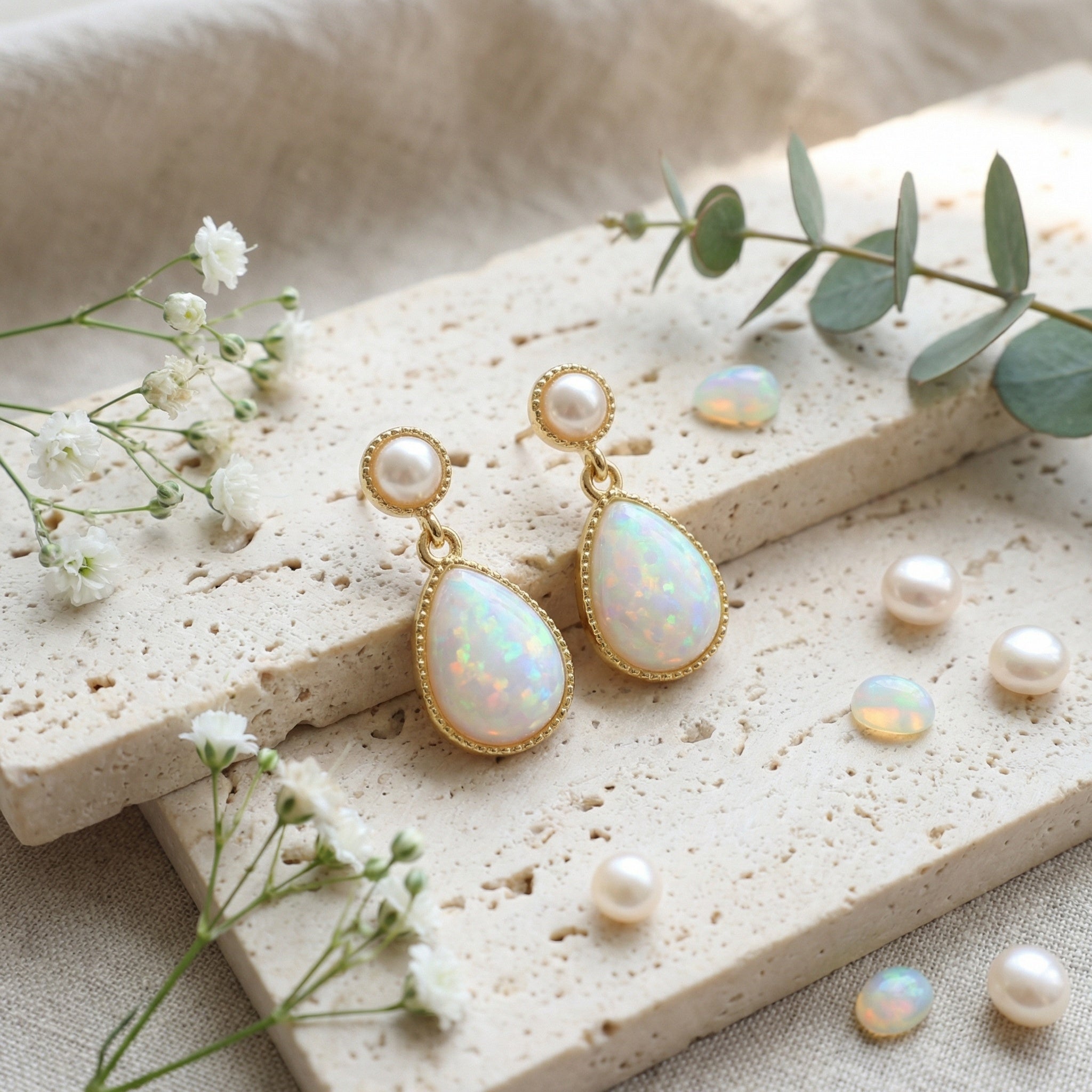 925 Sterling Silver Elegant Pearl and Pear-Shaped Opal Drop Earrings with Intricate Bezel Detailing