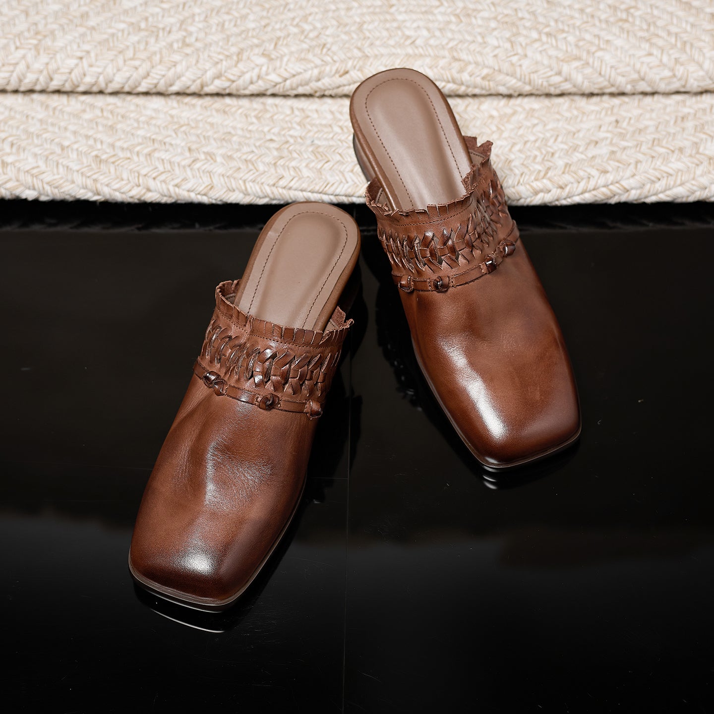 Women's Washed Full-Grain Leather Wedge Mules, Handwoven Cowhide Square Toe Slides