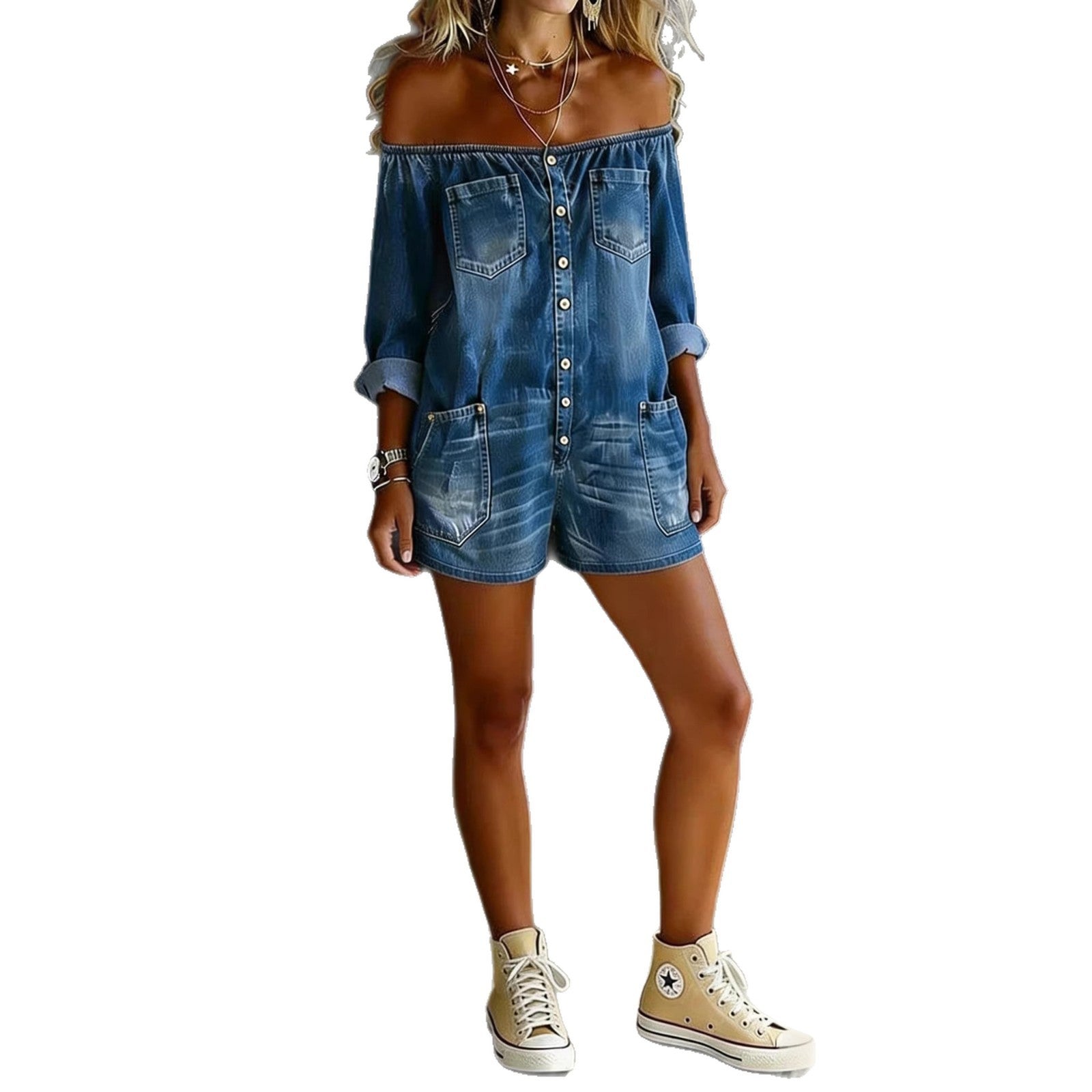 Fashionable Retro Off-Shoulder Long-Sleeve Loose Washed Denim Jumpsuit