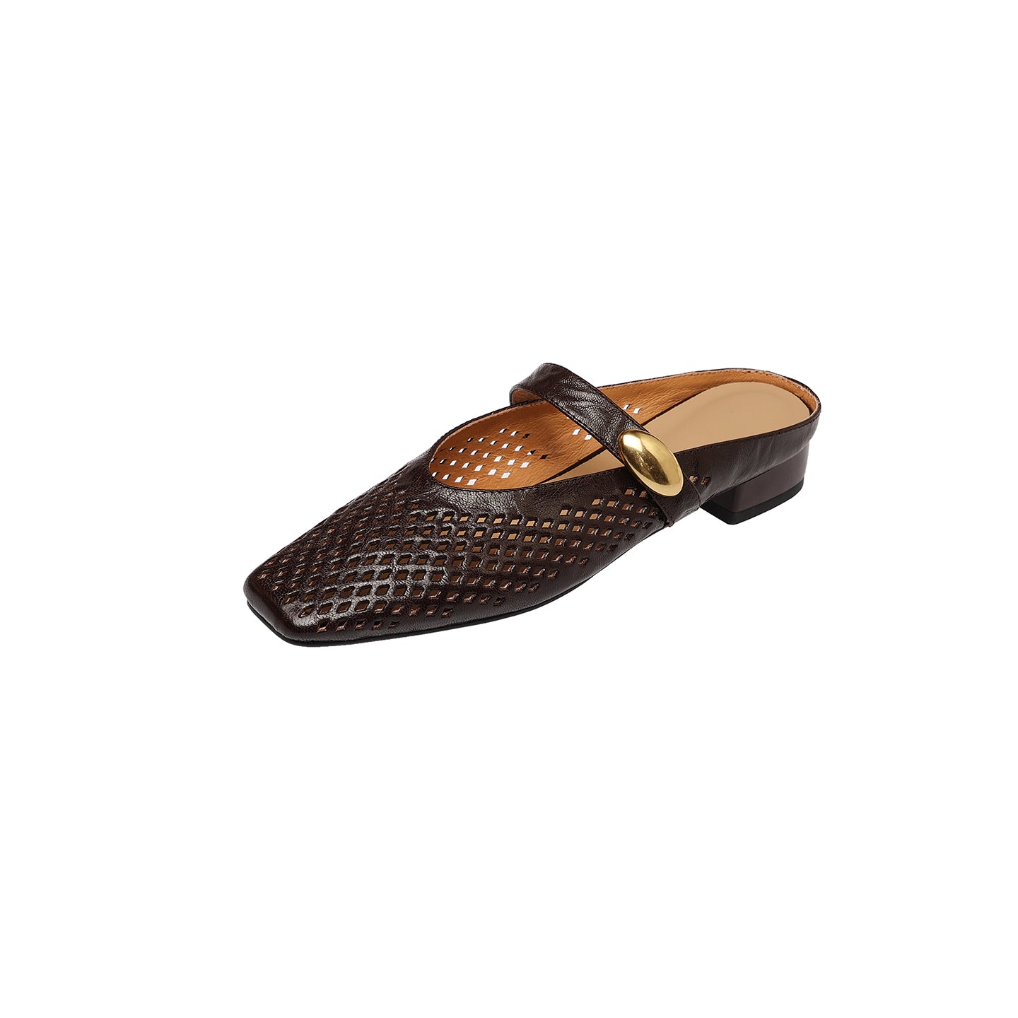 Women's Premium Full-Grain Sheepskin Perforated Mary Jane Mules, Low Block Heel Square Toe Slides