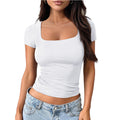Solid-color U-neck Slim-fit Short-sleeve T-shirt For Women
