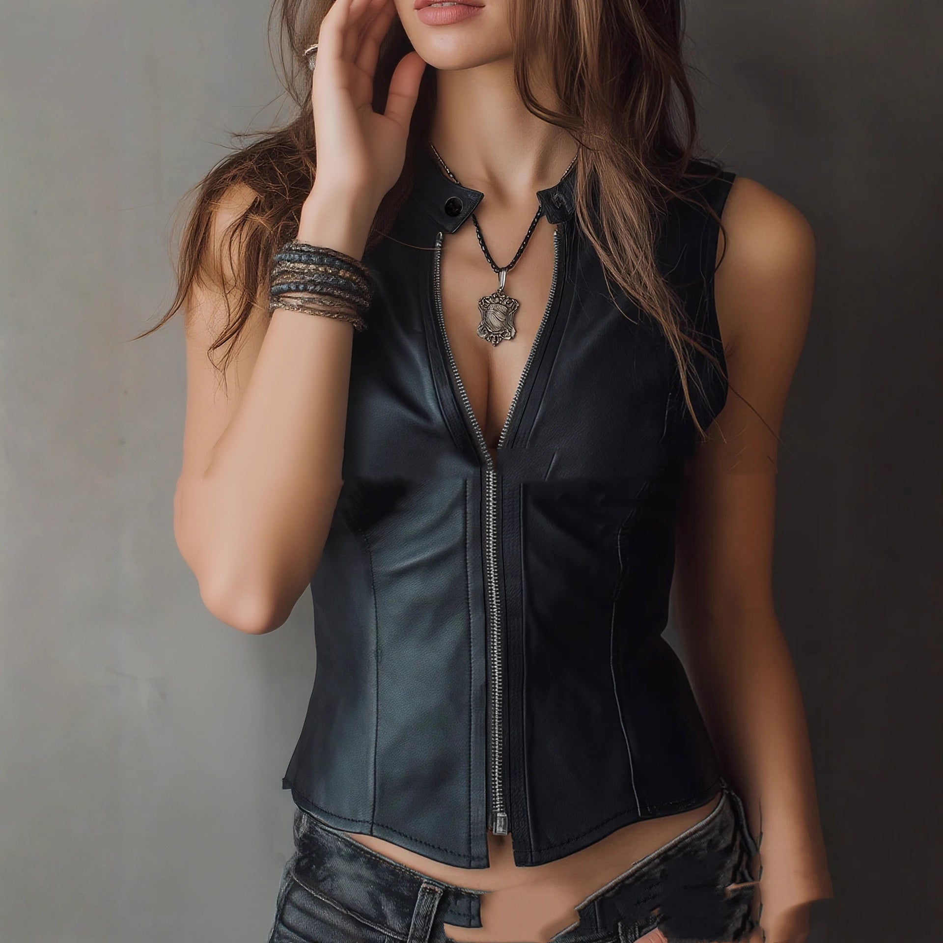 Fashionable Stand Collar Sexy Backless Slim-fit Crop PU Vest
