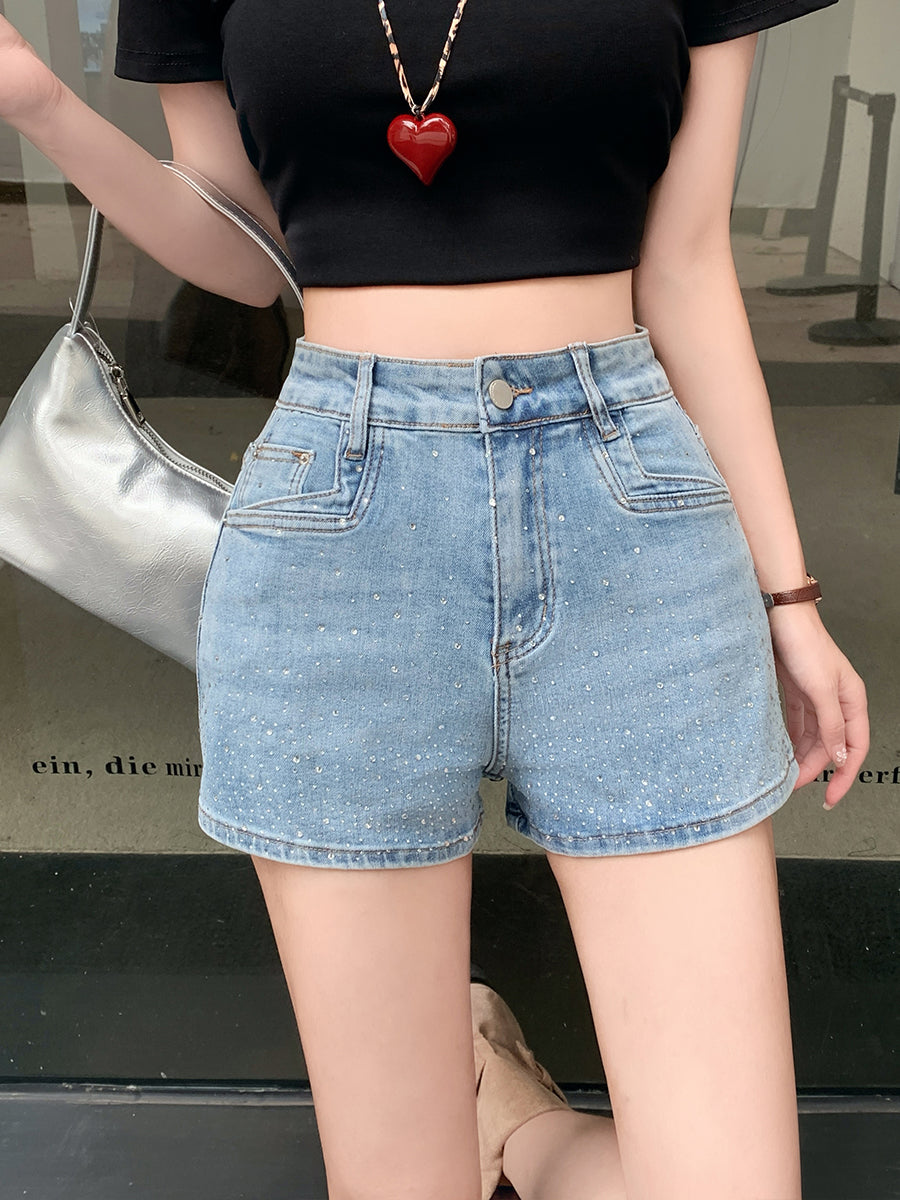 Women's High-Waisted Rhinestone Denim Shorts, Sparkly Studded Hot Pants In Light Black White