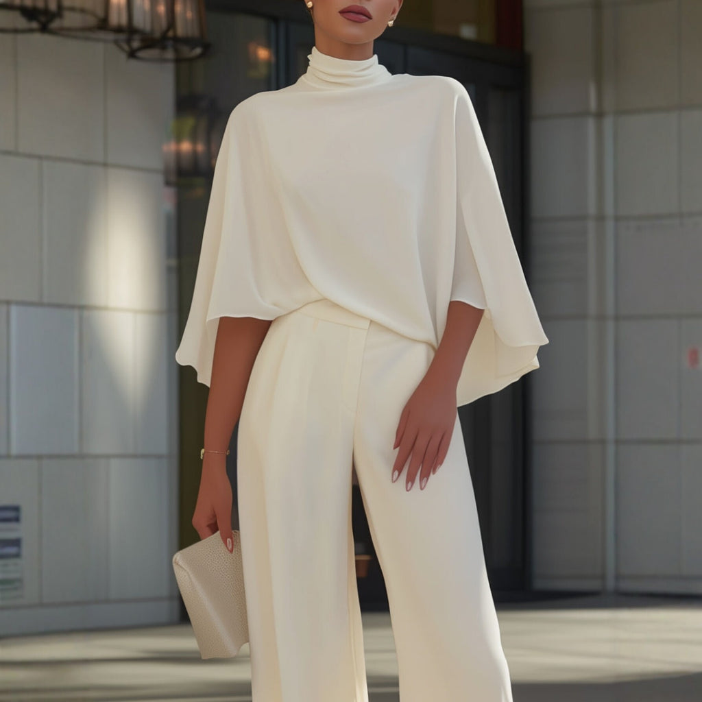 Womens Solid-Color Semi-High Neck Top And High-Waisted Wide-Leg Pants With Side Slits Outfit