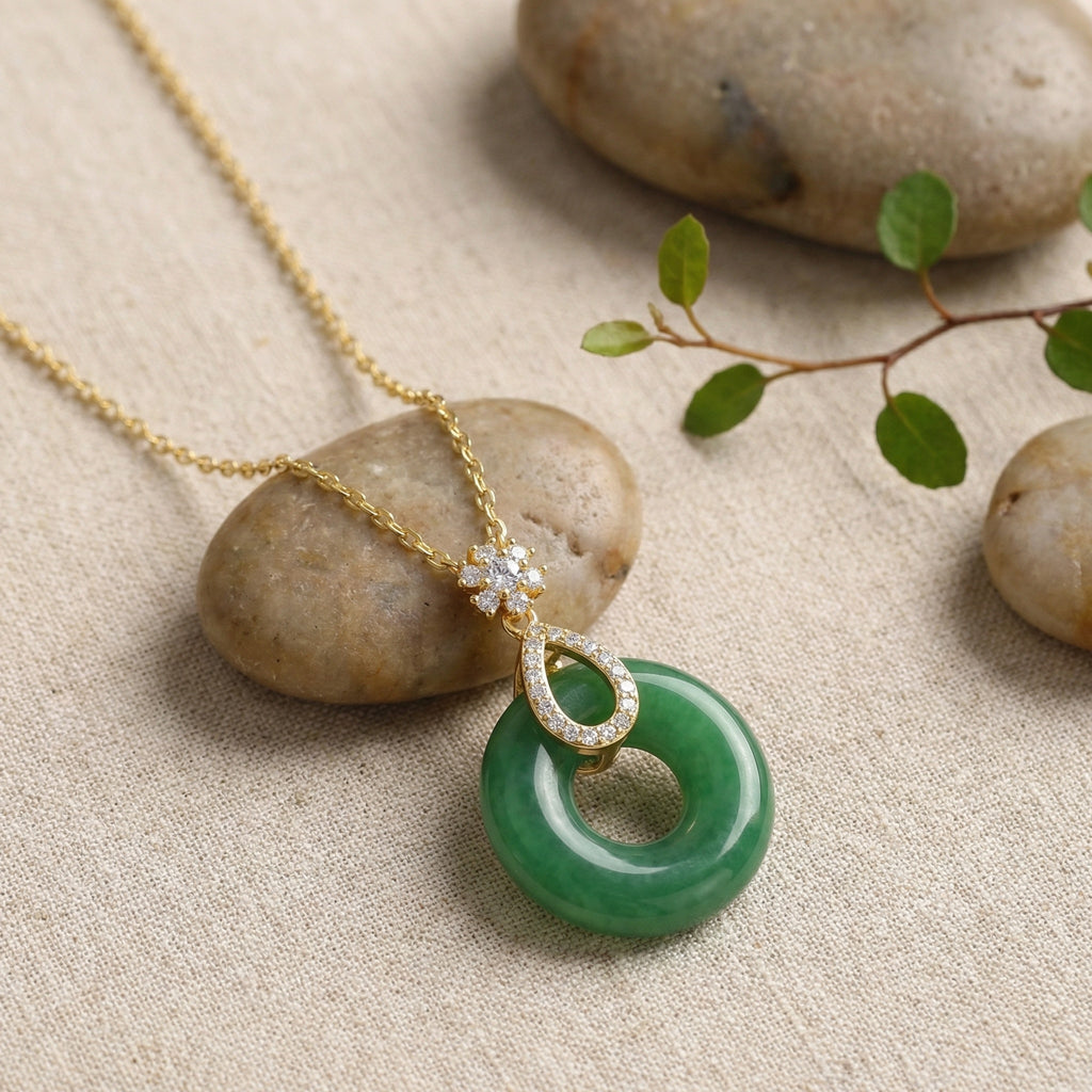 925 Sterling Silver Elegant Green Jade Donut Pendant Necklace with Sparkling Floral Accents