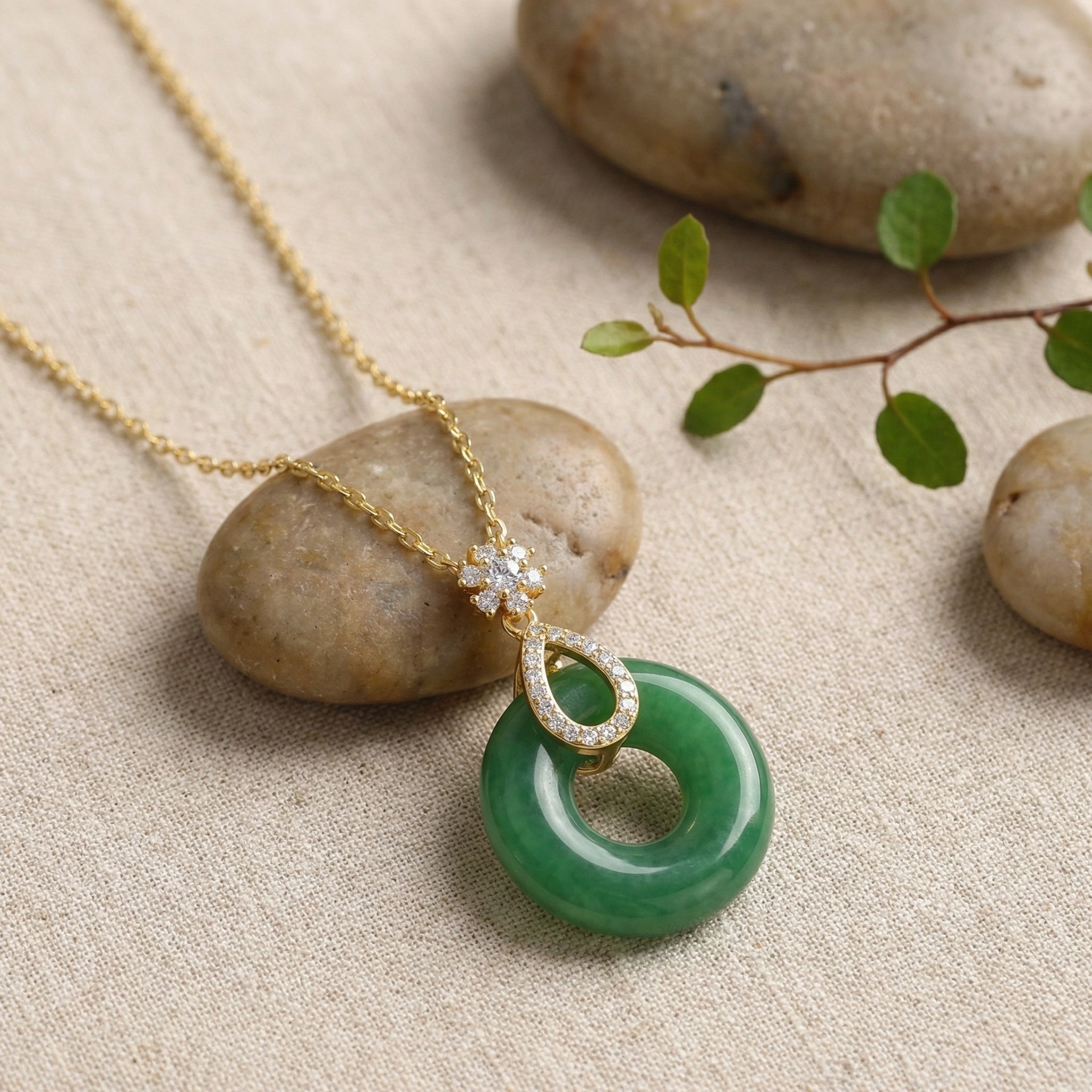 925 Sterling Silver Elegant Green Jade Donut Pendant Necklace with Sparkling Floral Accents