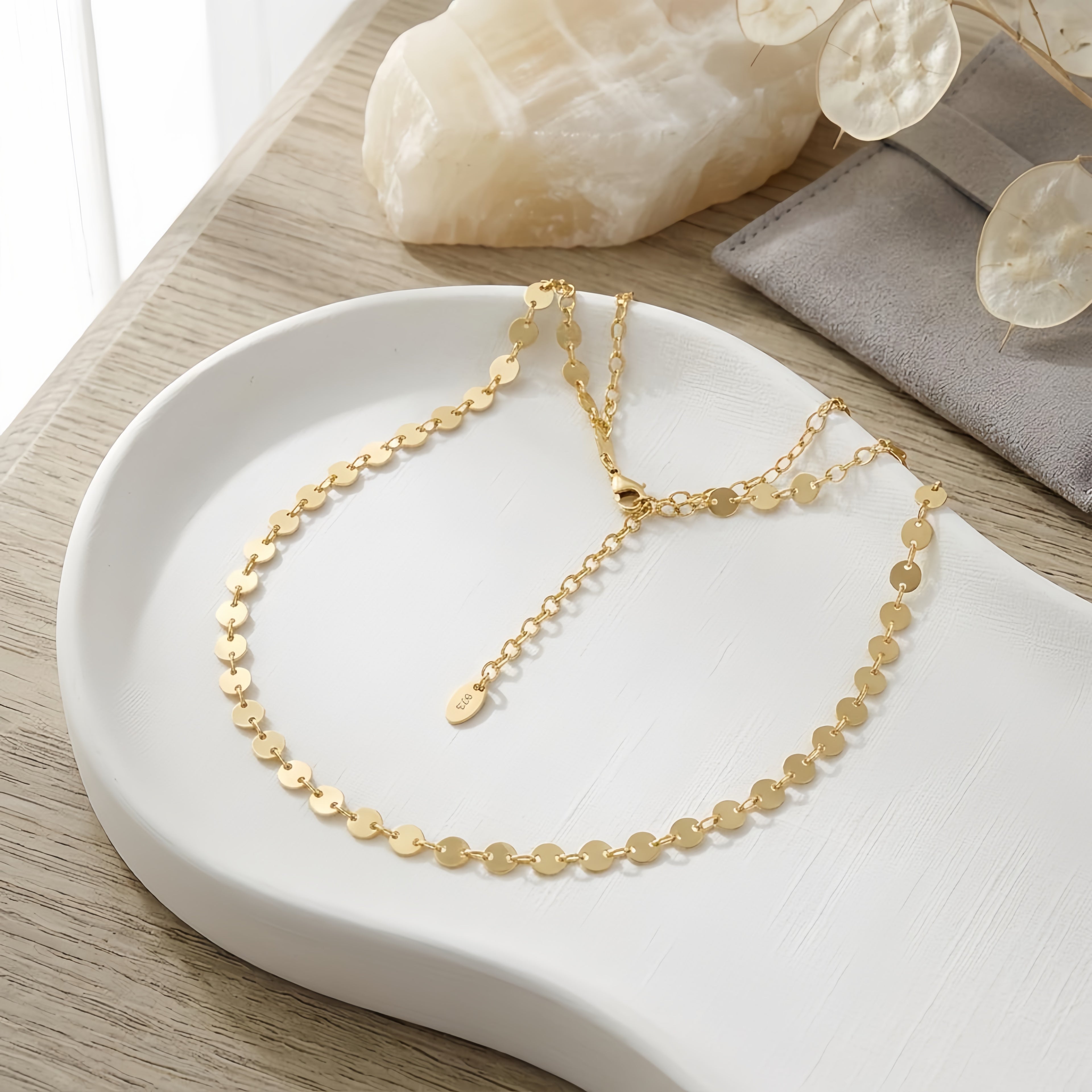 925 Sterling Silver Elegant Gold Disc Chain Necklace with Adjustable Length Pendant Charm