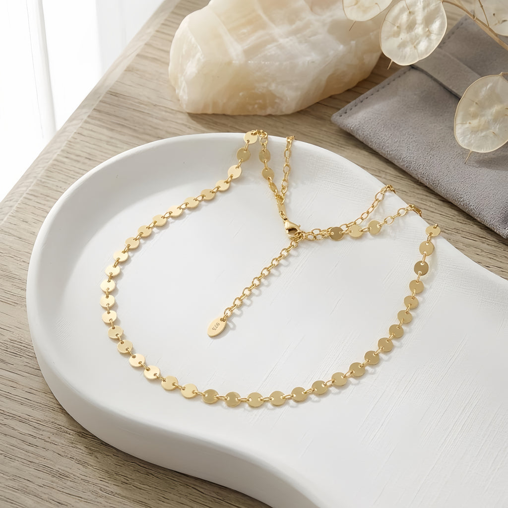 925 Sterling Silver Elegant Gold Disc Chain Necklace with Adjustable Length Pendant Charm
