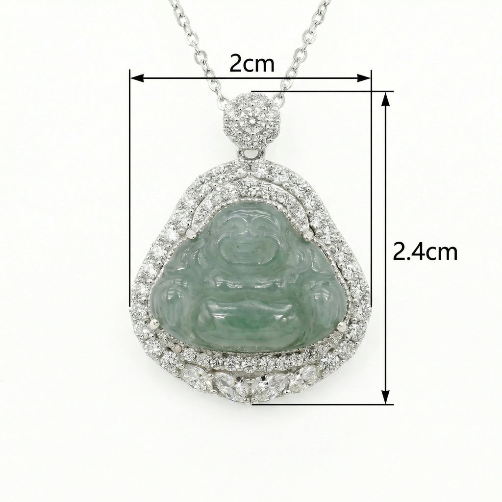 925 Sterling Silver Elegant Natural Green Jadeite Laughing Buddha Pendant Necklace with Sparkling CZ Accents