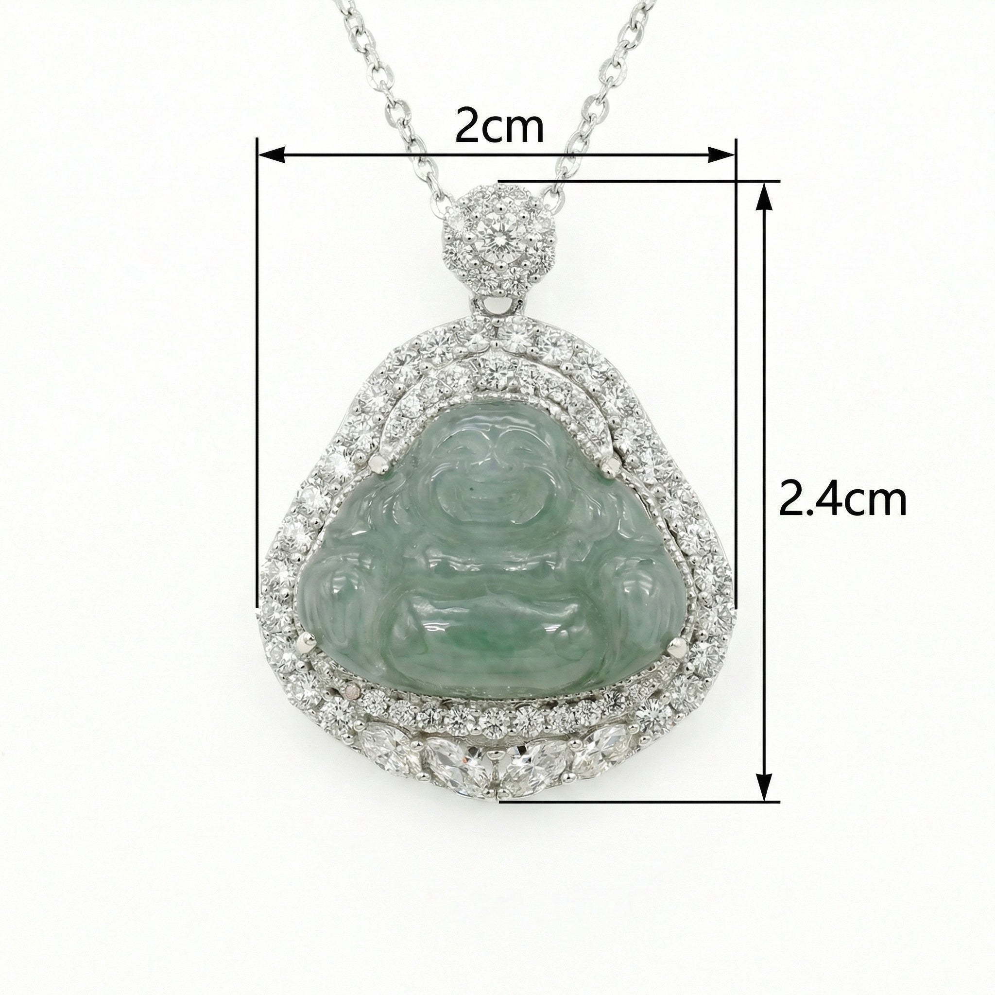 925 Sterling Silver Elegant Natural Green Jadeite Laughing Buddha Pendant Necklace with Sparkling CZ Accents