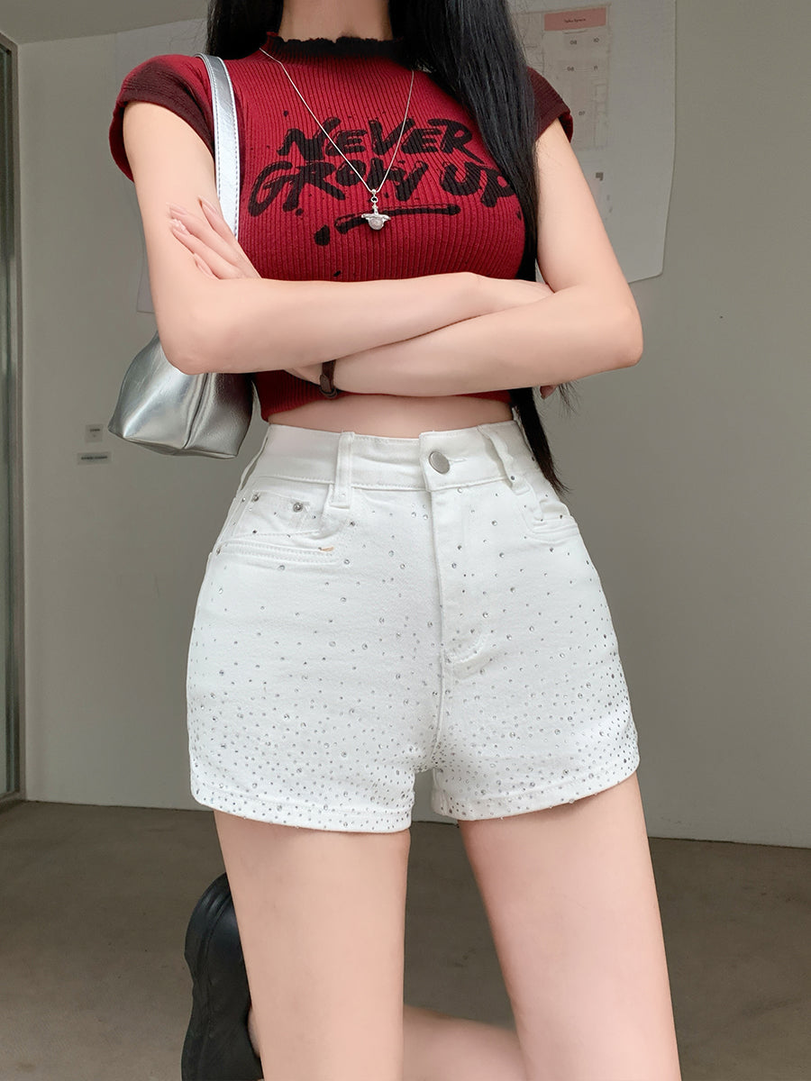 Women's High-Waisted Rhinestone Denim Shorts, Sparkly Studded Hot Pants In Light Black White