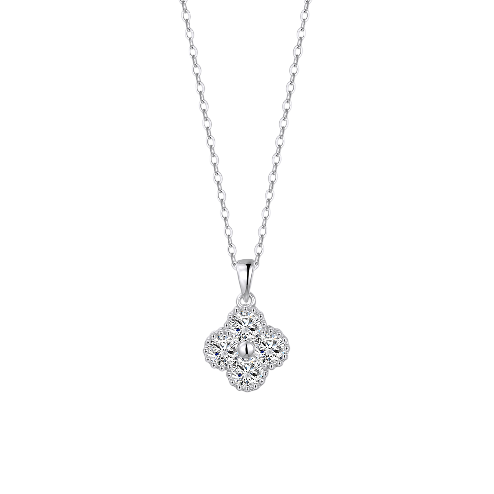 925 Sterling Silver Elegant CZ Floral Pendant White Gold Necklace