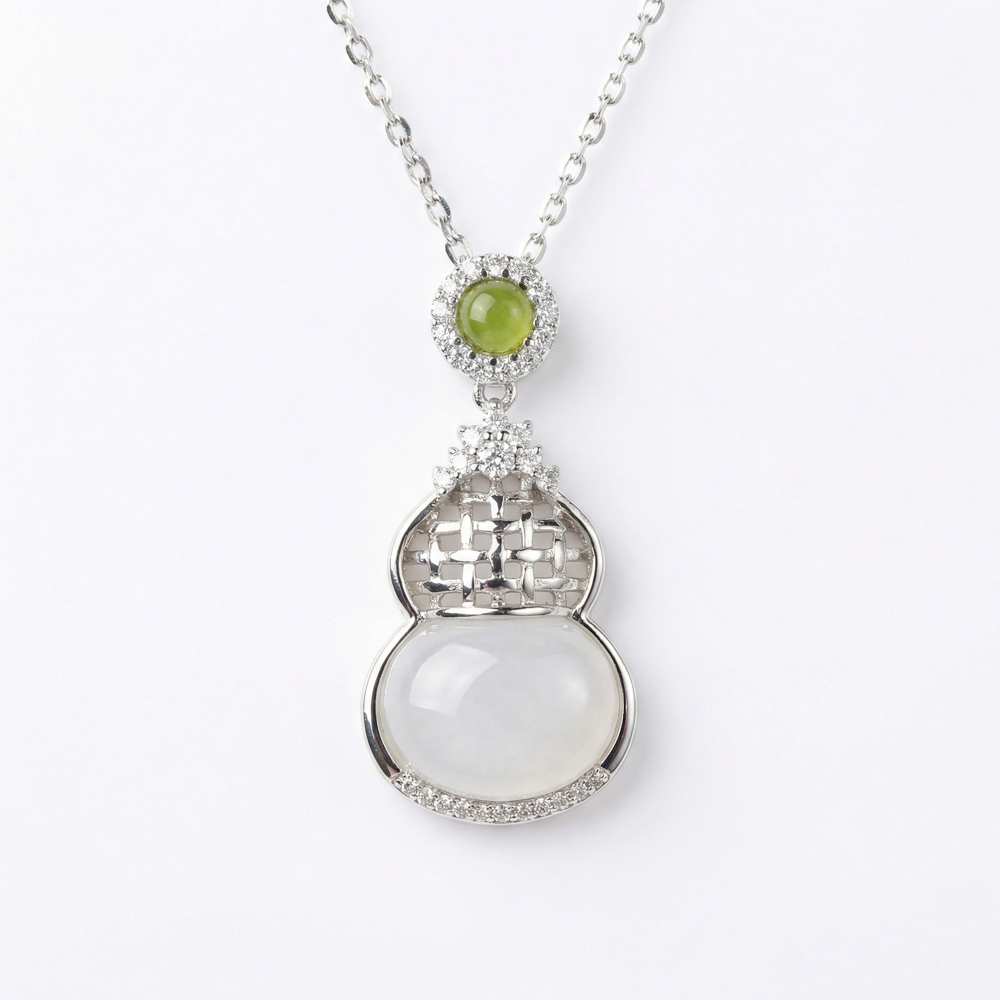 925 Sterling Silver Elegant Hulu Gourd Pendant Necklace Featuring Translucent White and Green Gemstones.