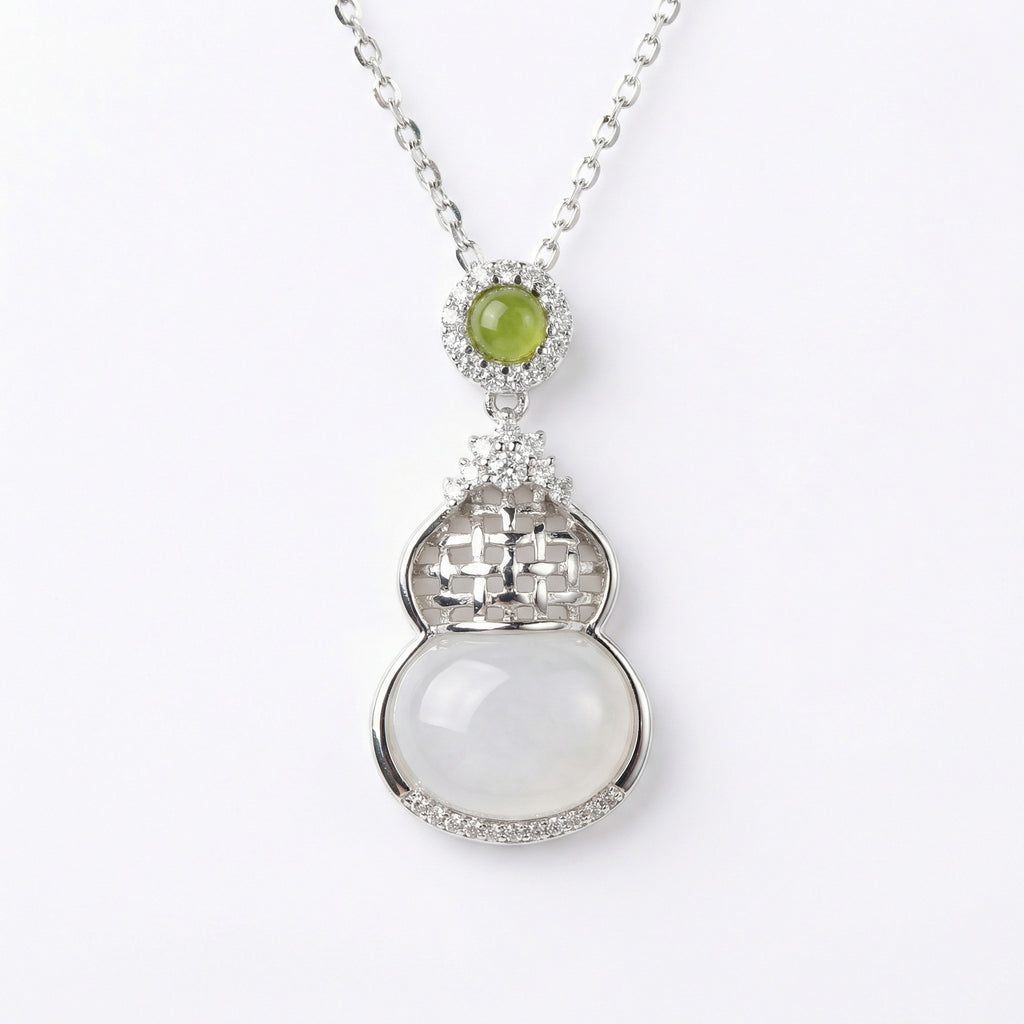 925 Sterling Silver Elegant Hulu Gourd Pendant Necklace Featuring Translucent White and Green Gemstones.