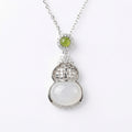 925 Sterling Silver Elegant Hulu Gourd Pendant Necklace Featuring Translucent White and Green Gemstones.
