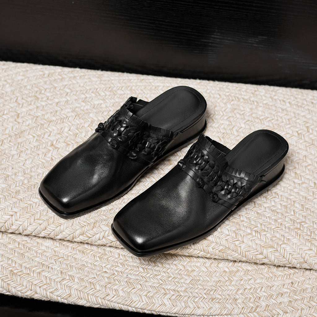 Women's Washed Full-Grain Leather Wedge Mules, Handwoven Cowhide Square Toe Slides