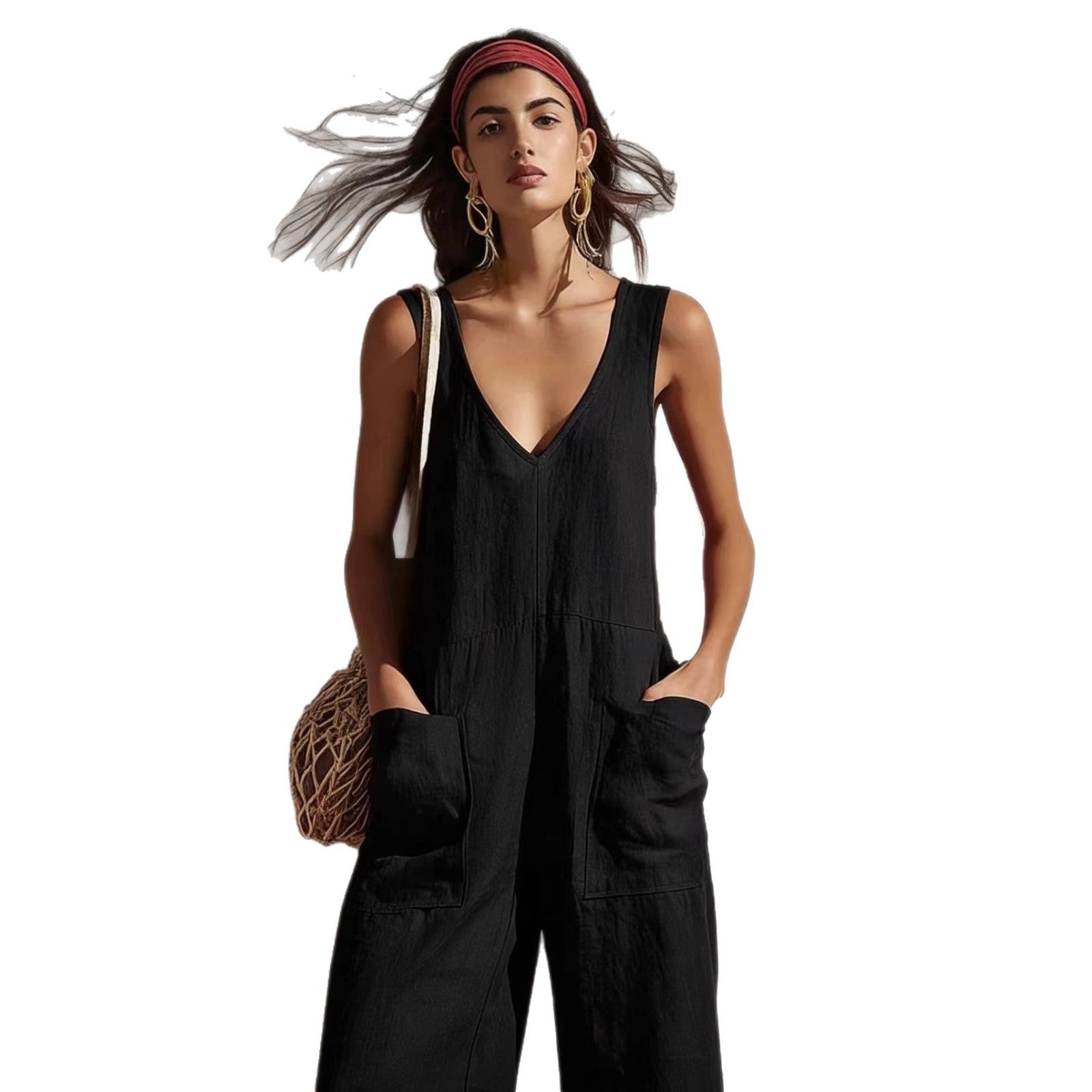 Womens Sleeveless V-Neck Pocketed Casual Jumpsuit