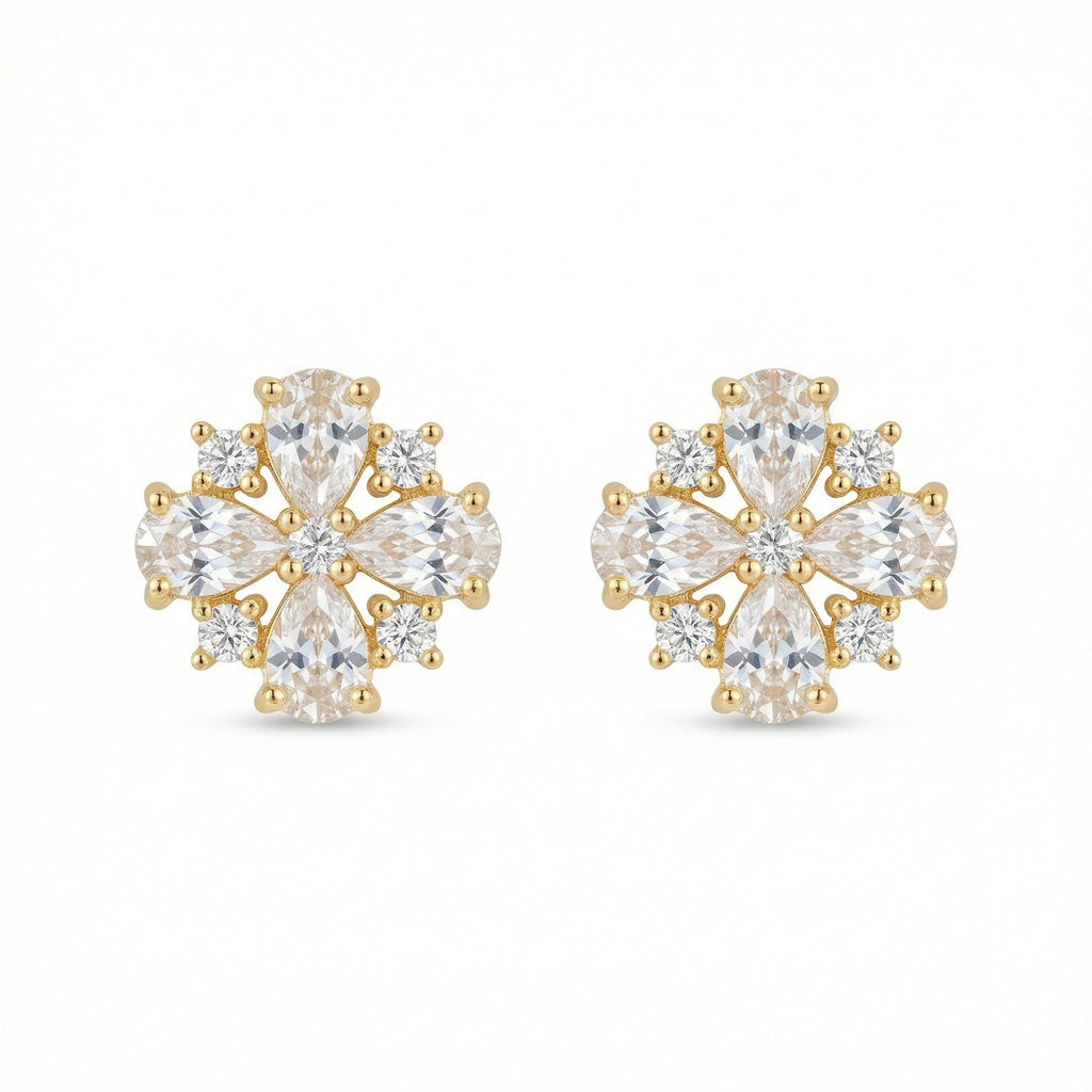 925 Sterling Silver Radiant Floral Motif Studs Featuring Pear and Round Brilliant Cut Gemstones in Gilded Setting
