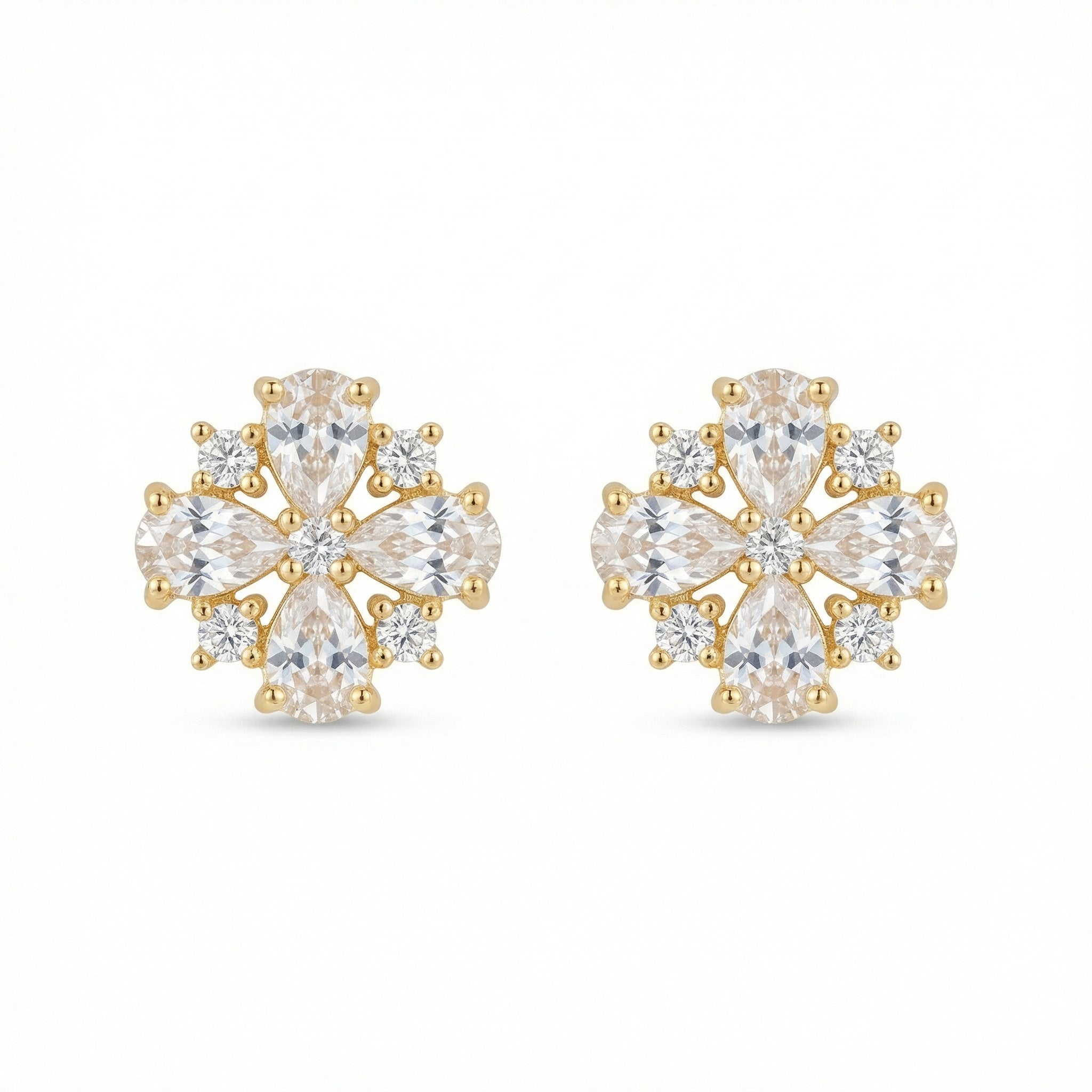 925 Sterling Silver Radiant Floral Motif Studs Featuring Pear and Round Brilliant Cut Gemstones in Gilded Setting