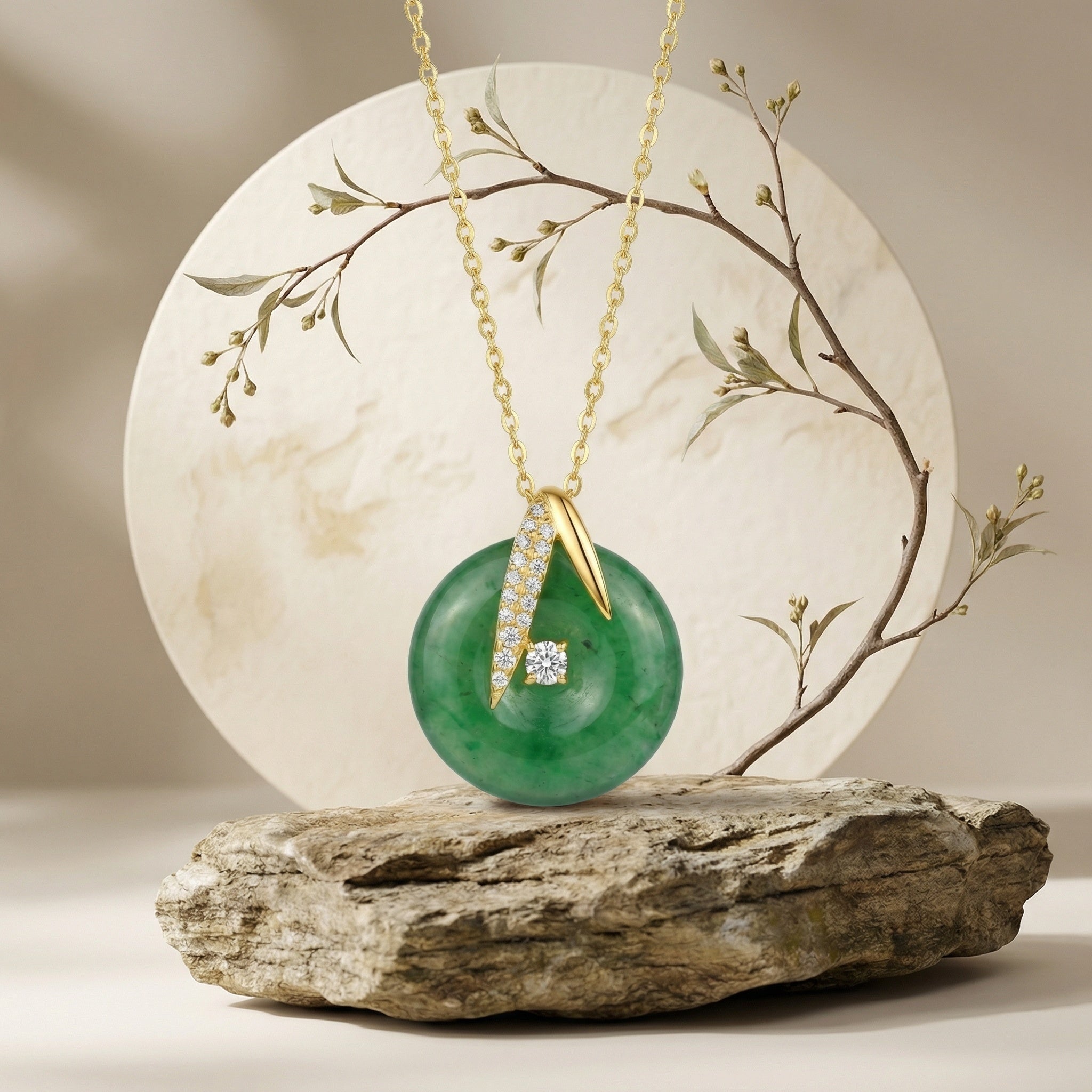 925 Sterling Silver Elegant Green Jade Pi Disc Pendant Necklace Featuring Brilliant CZ Accents and Sophisticated Metal Chain