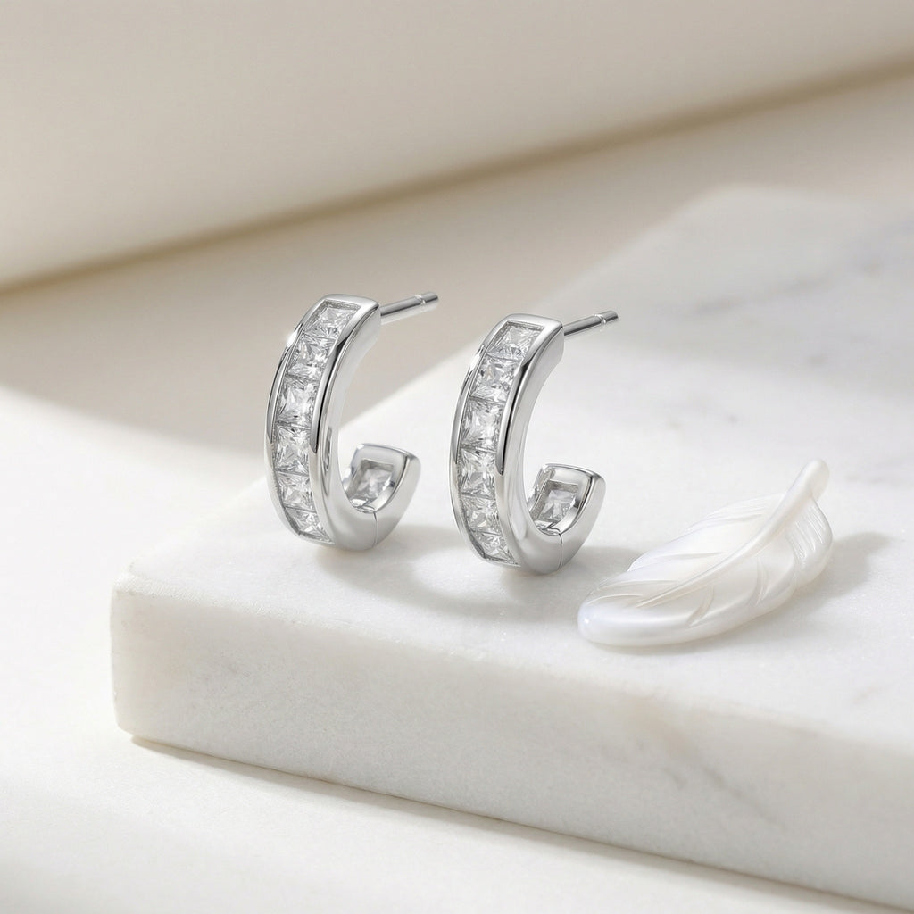 925 Sterling Silver Elegant Sterling Silver Channel-Set Princess-Cut Zirconia Half-Hoop Earrings