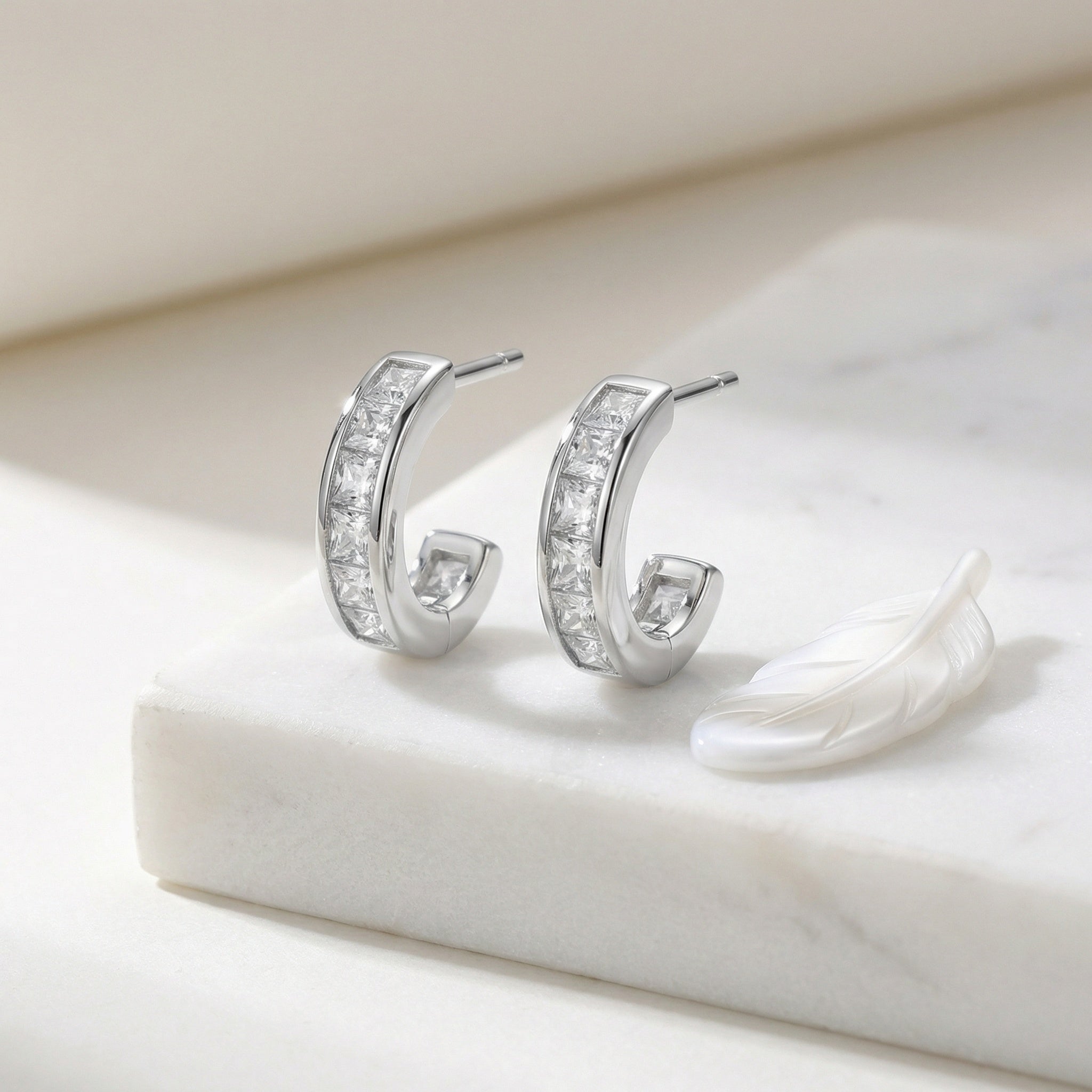 925 Sterling Silver Elegant Sterling Silver Channel-Set Princess-Cut Zirconia Half-Hoop Earrings